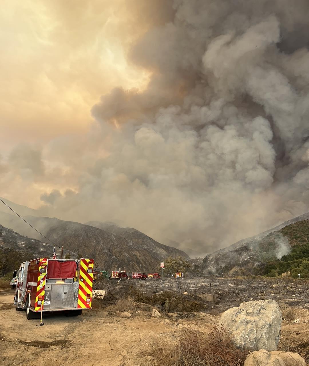 The back end of a large red fire engine is in the bottom of the photo, with several other engines in front of it. A large smoke column fills the entire screen in front of these engines.