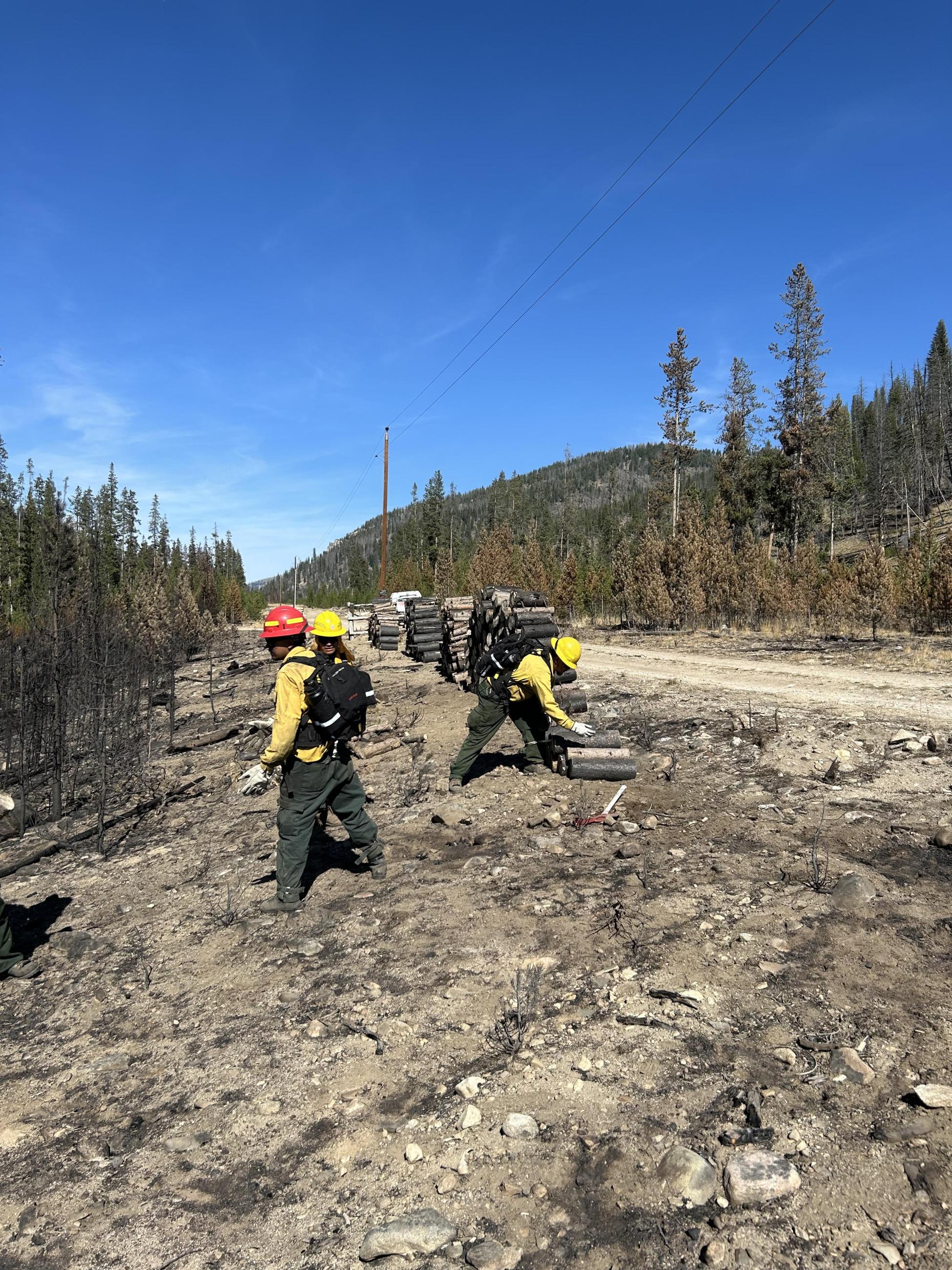 Firefighters stacking firewood