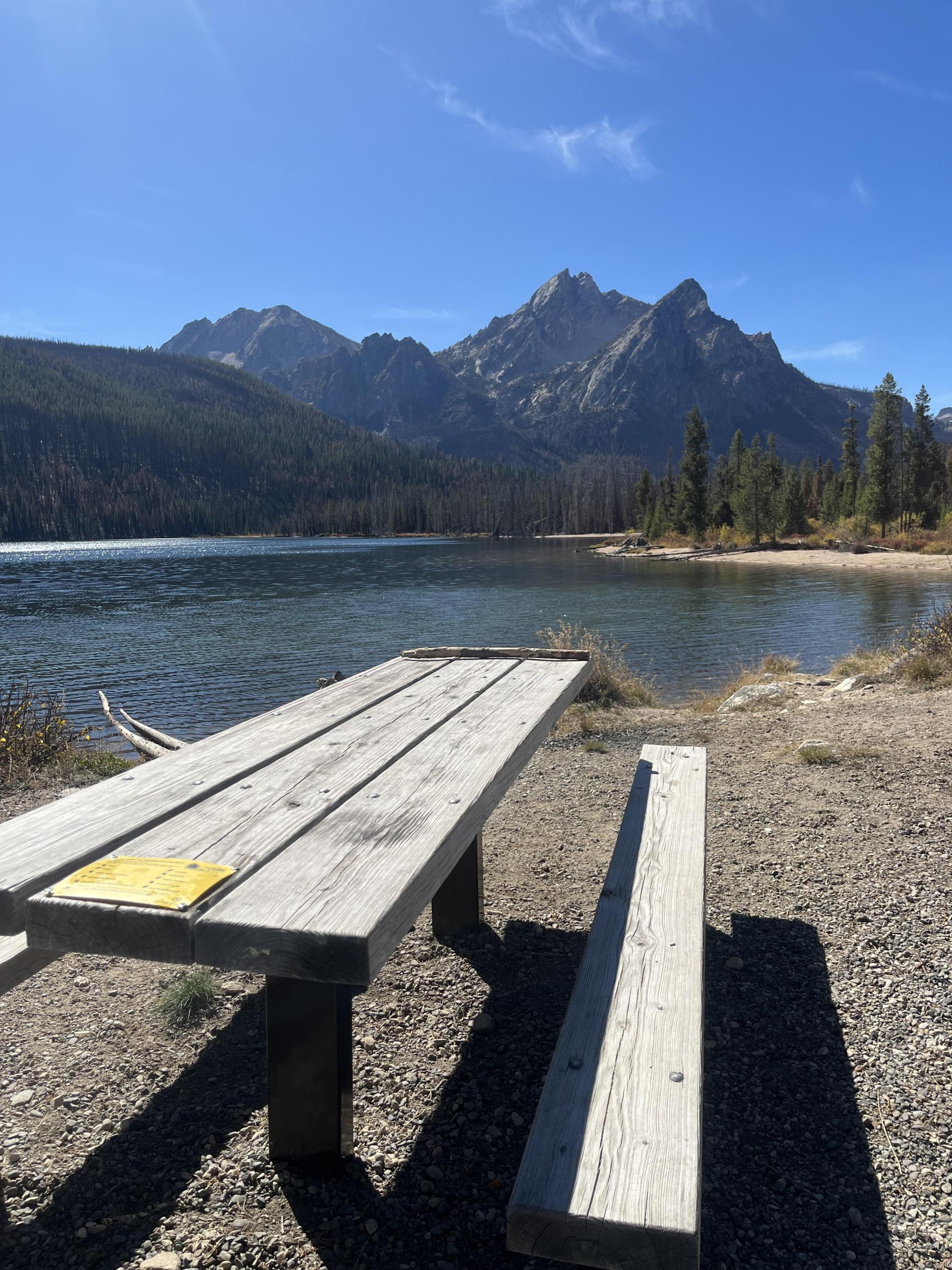 Picnic table with Stanley Lake in the background