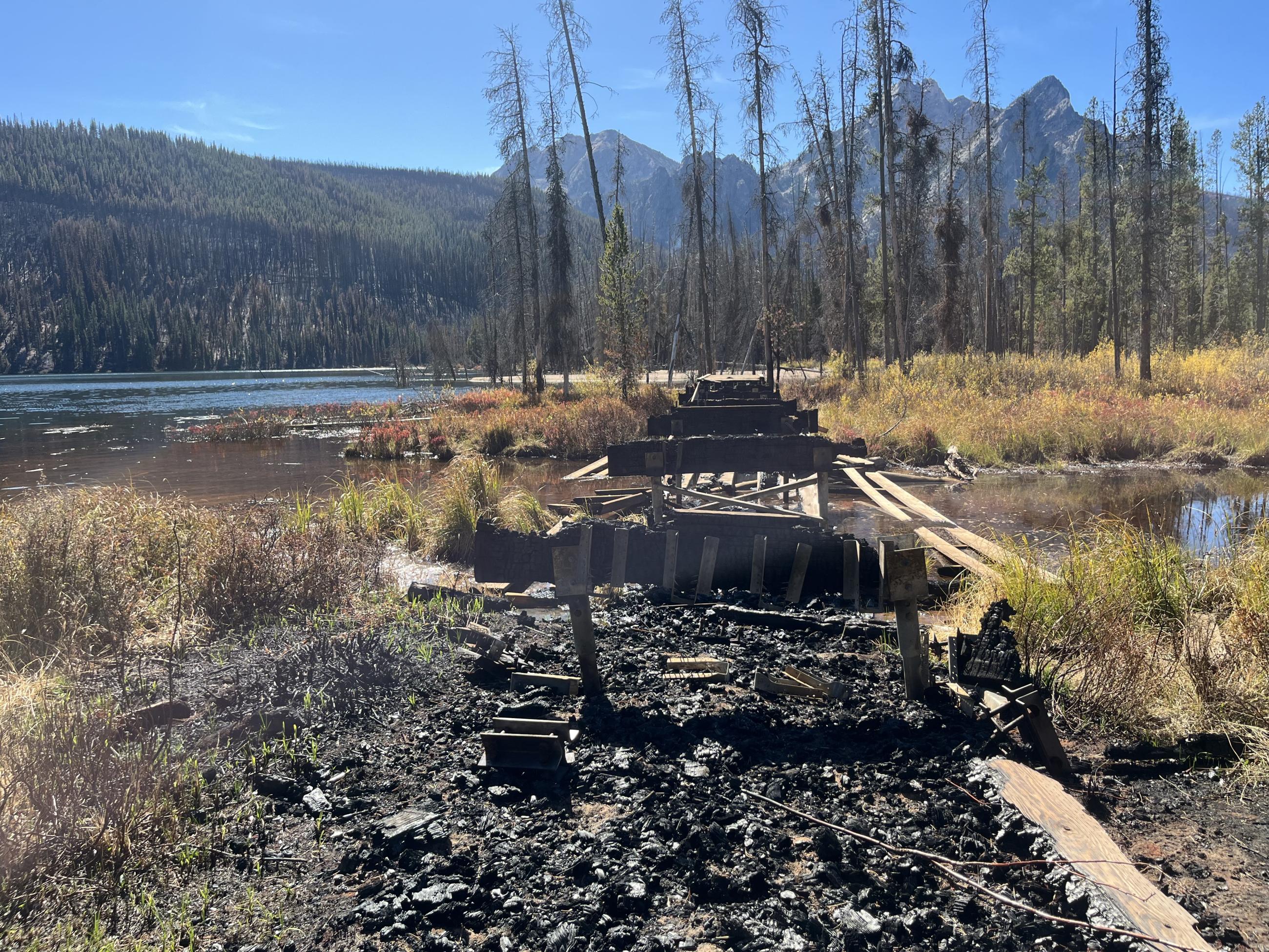 Burned boardwalk at Stanley Lake