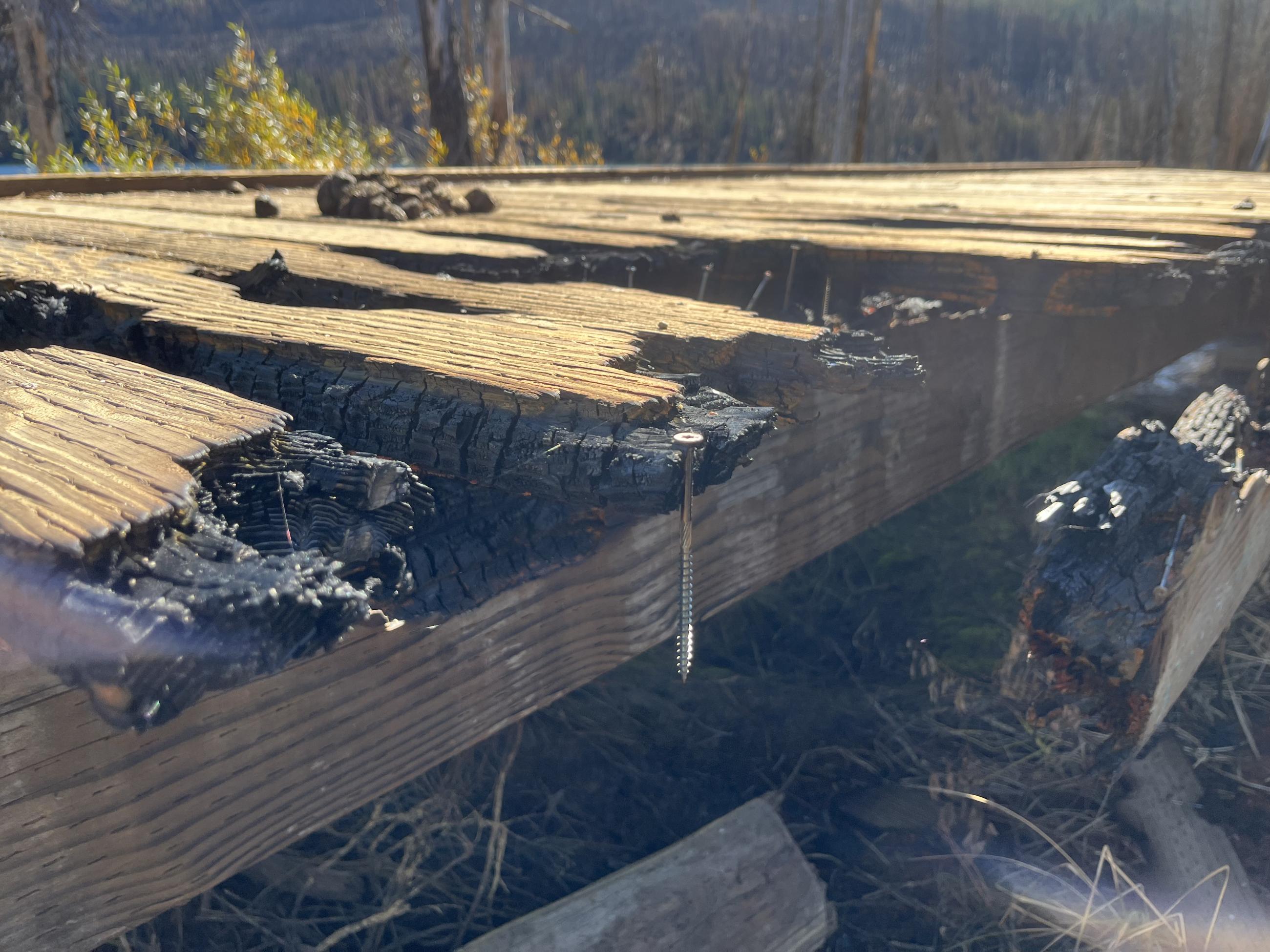 Burned boardwalk at Stanley Lake