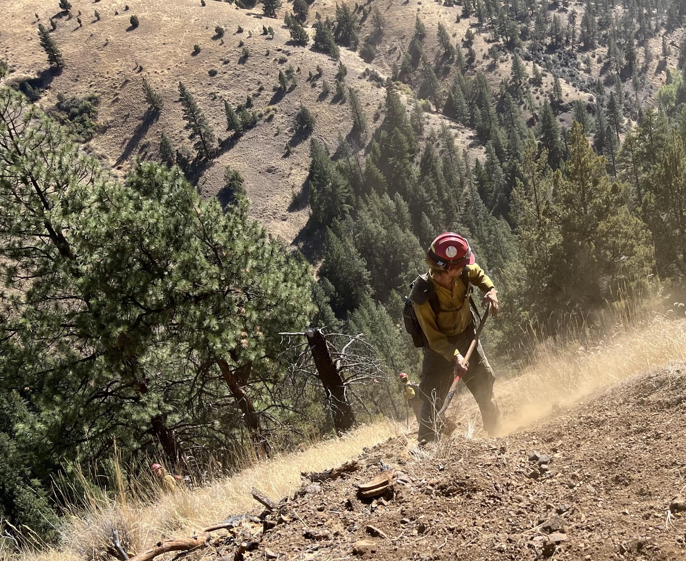 Baker River Hotshots work in steep terrain on the Rail Ridge Fire, Sept 28, 2024