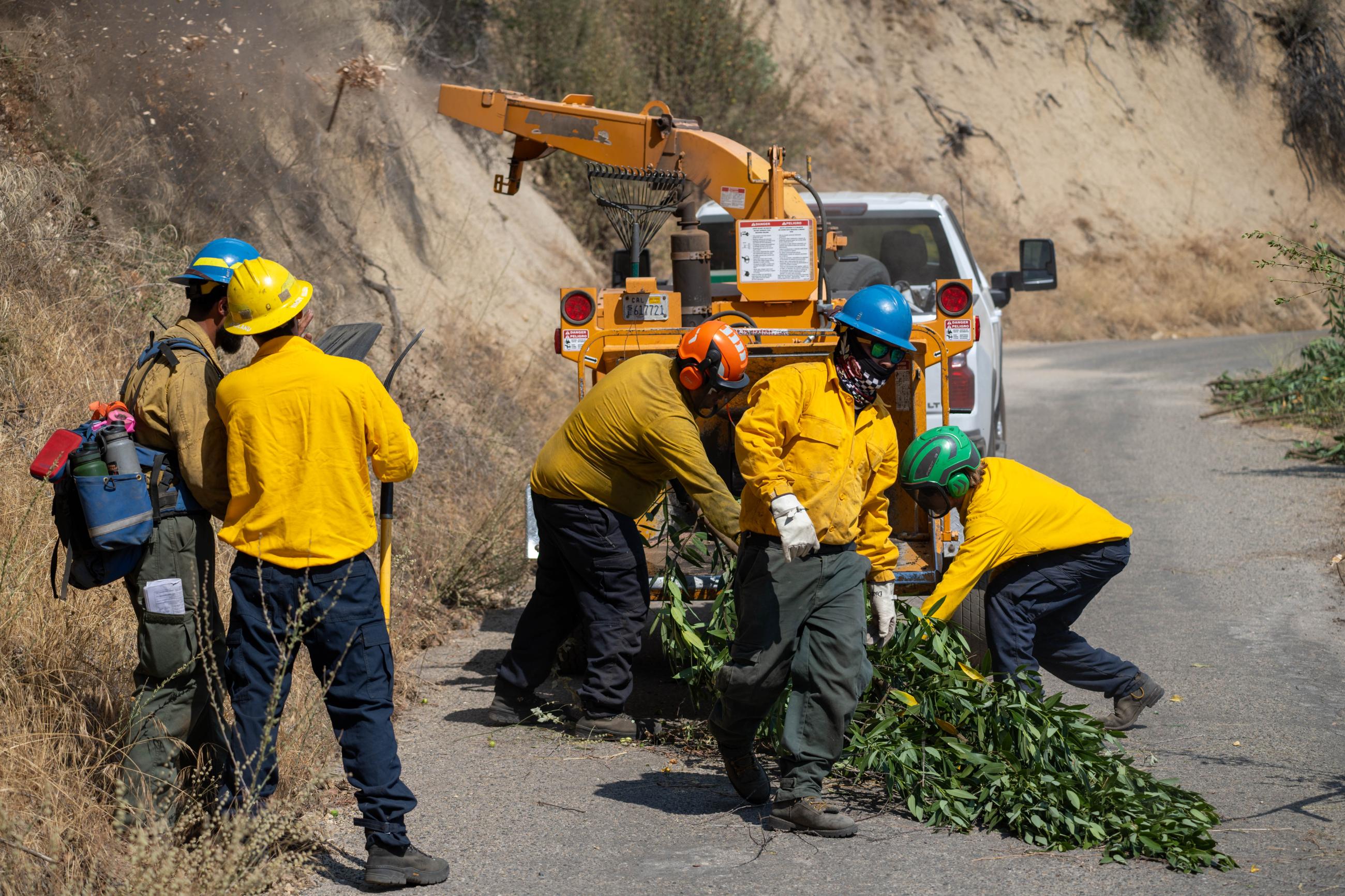 A crew of firefighters on a road