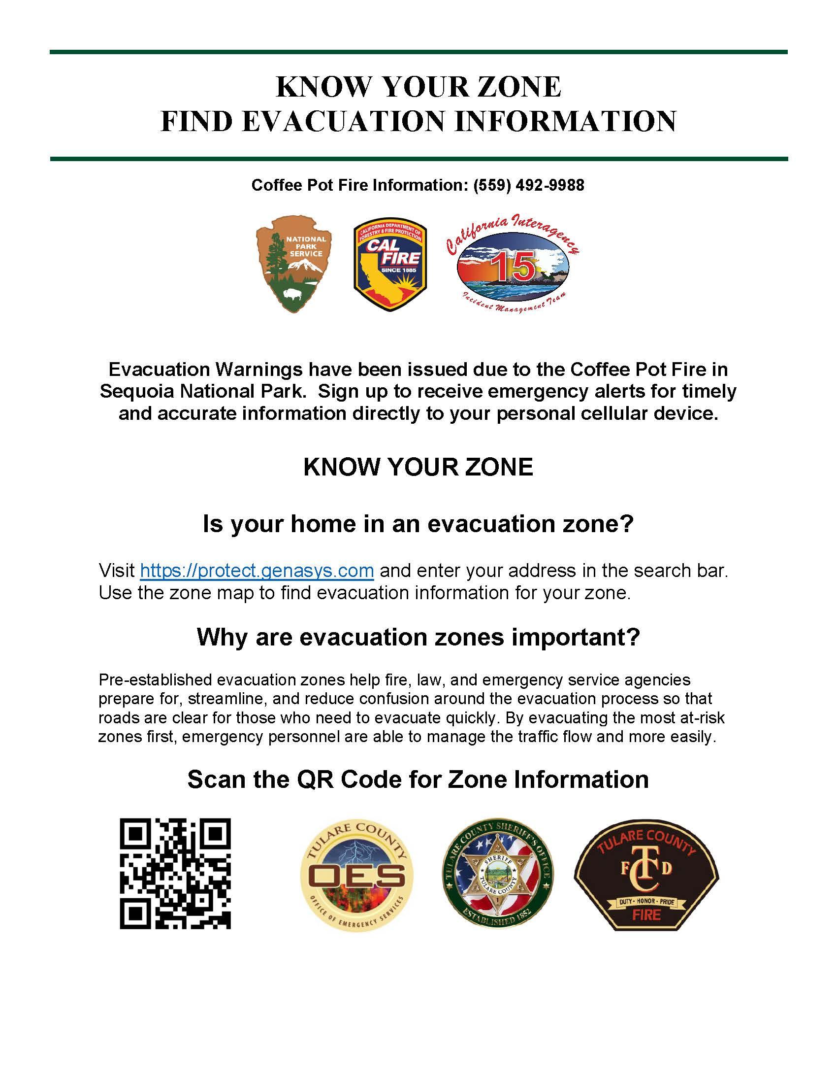 An evacuation information sheet asking people in the Tulare County and nearby areas to check the genasys website for evacuation information. https://protect.genasys.com/search?z=14&latlon=34.054908%2C-118.242643