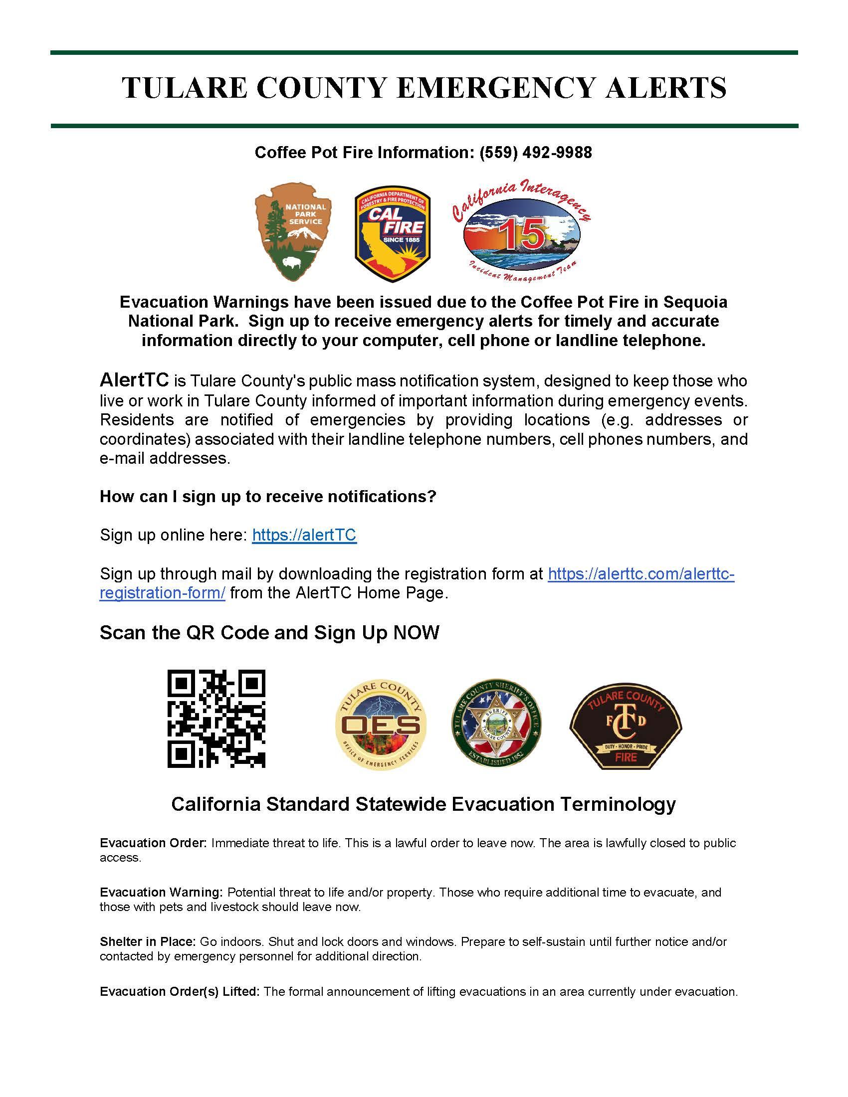 A page of information asking people in the area of Tulare County to sign up for emergency alerts at:  https://alertTC. People can also sign up through the mail by filling out a mailing in this form: https://alerttc.com/alerttc-registration-form/