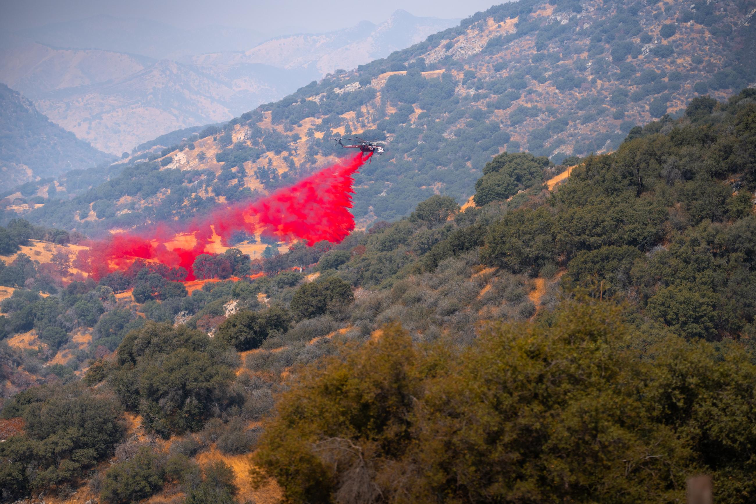 A helicopter dropping pink fire retardant over vegetation.