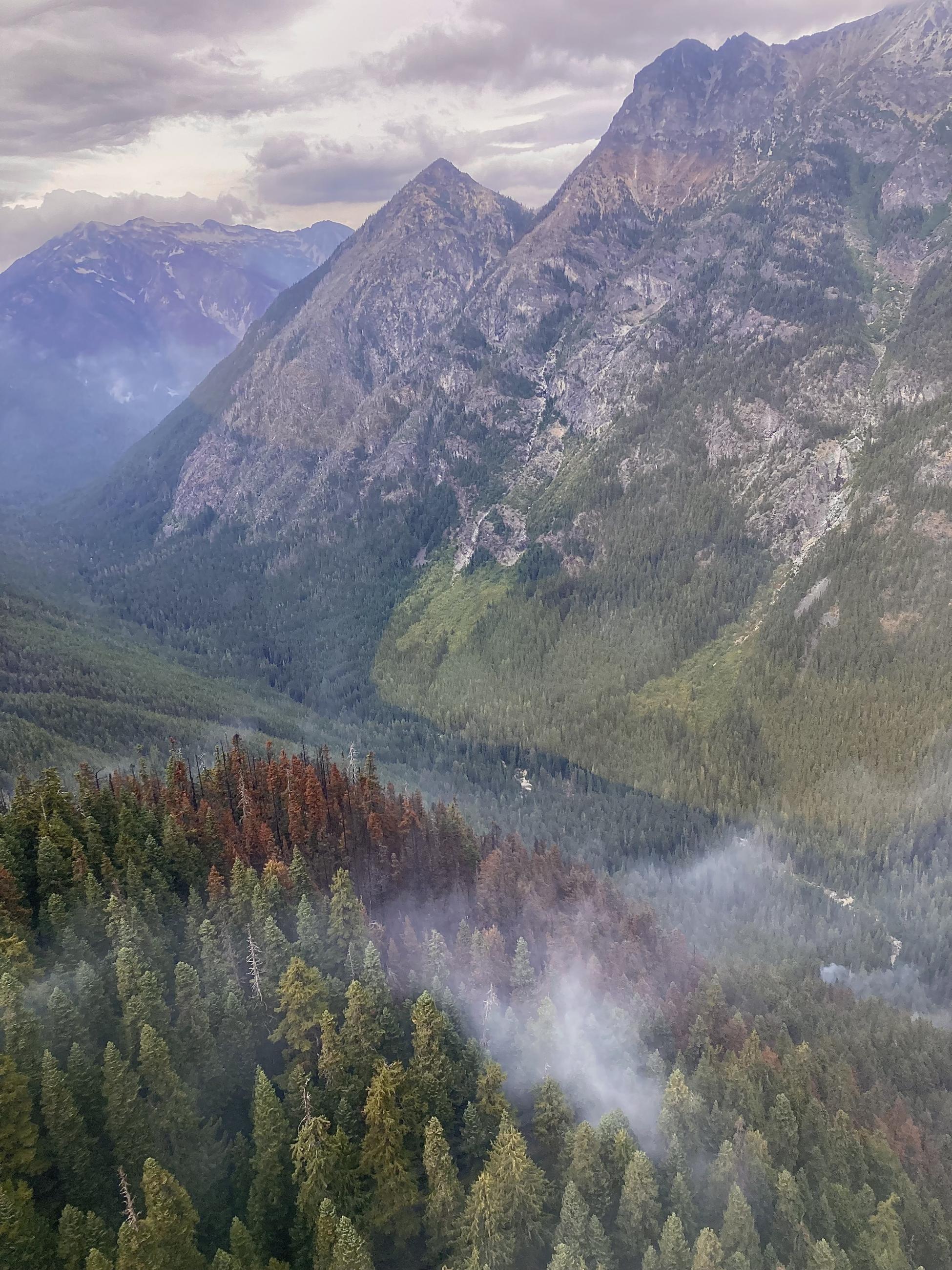 Trees burn in the foreground. There are mountains and clouds in the background with smoke.