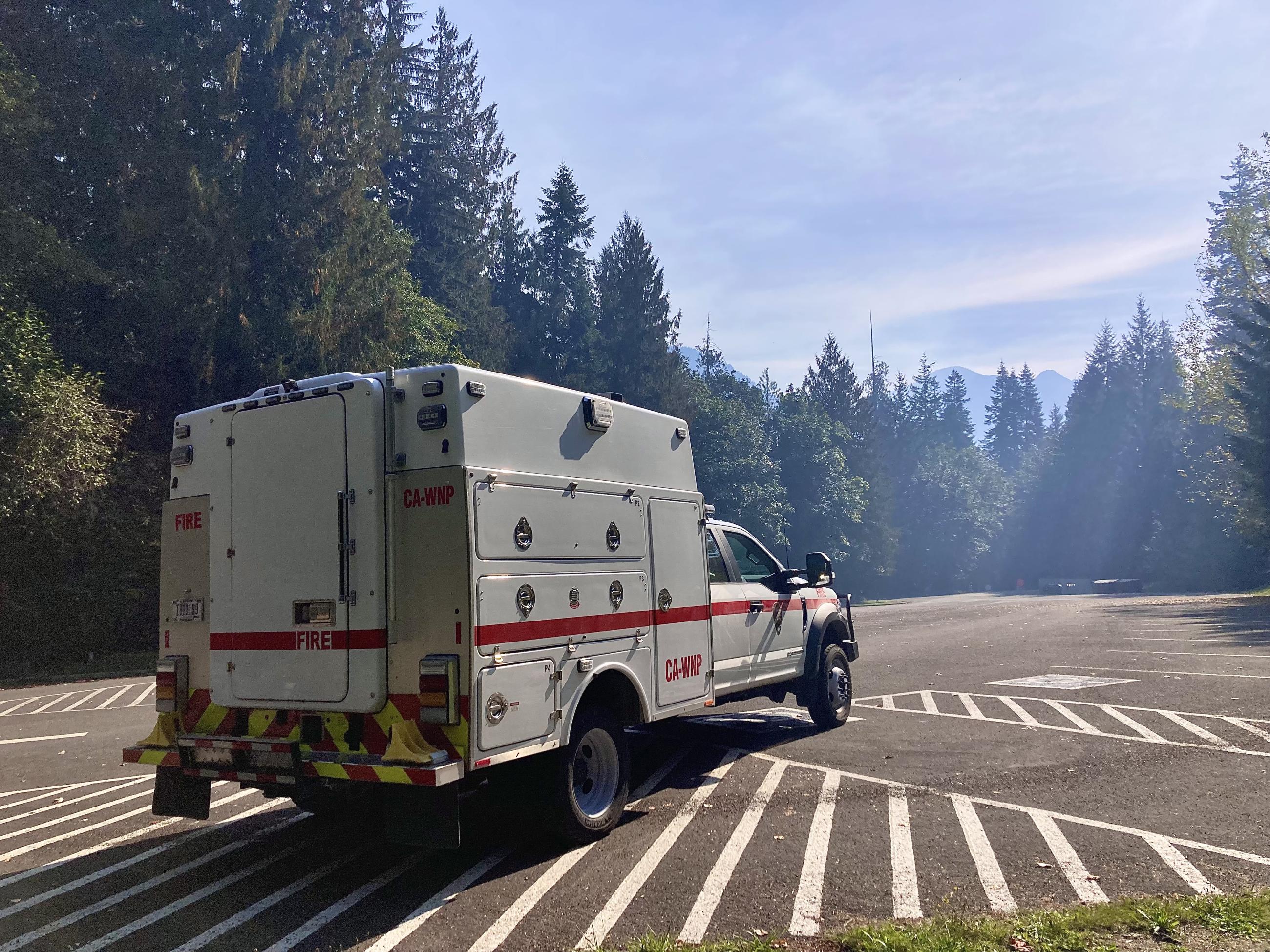 Whiskeytown Fire Engine at Colonial Creek Campground with smoke