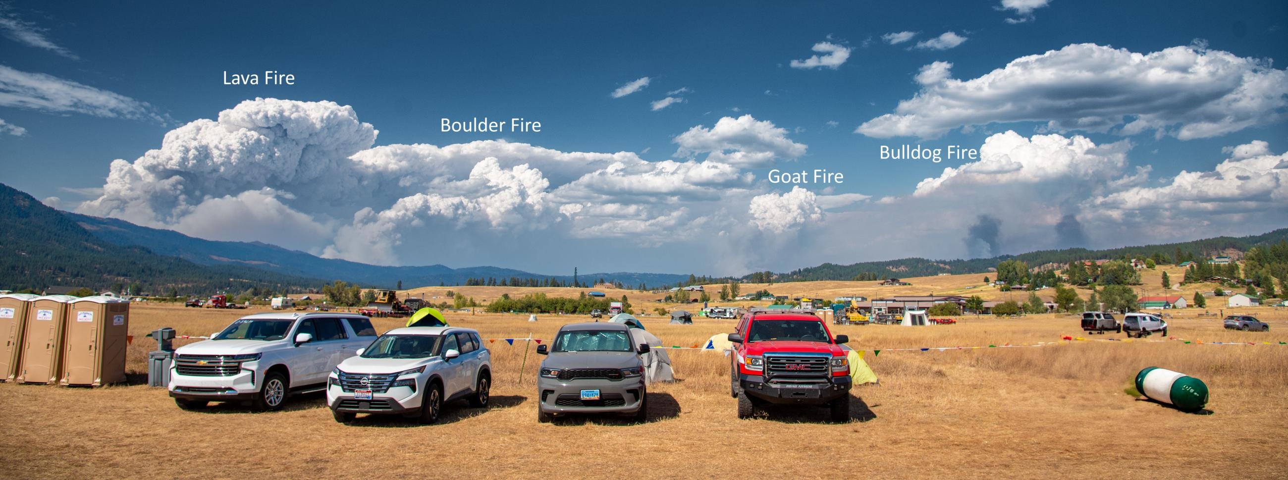 View of Pyrocuumulus clouds from Lava, Boulder, Goat and Snag fires. 