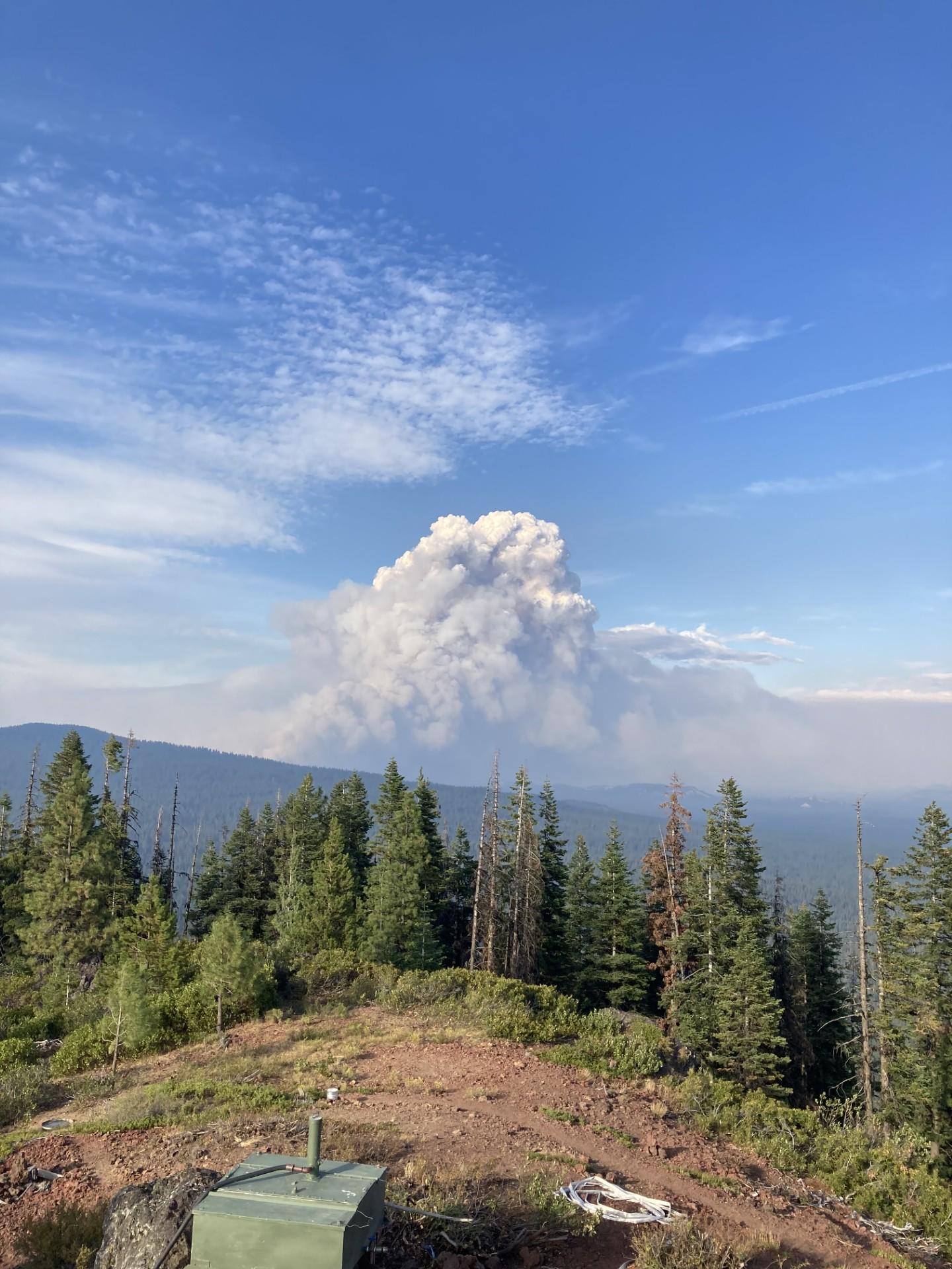 View of Little Lava Fire smoke column from Round Mountain Lookout, September 10