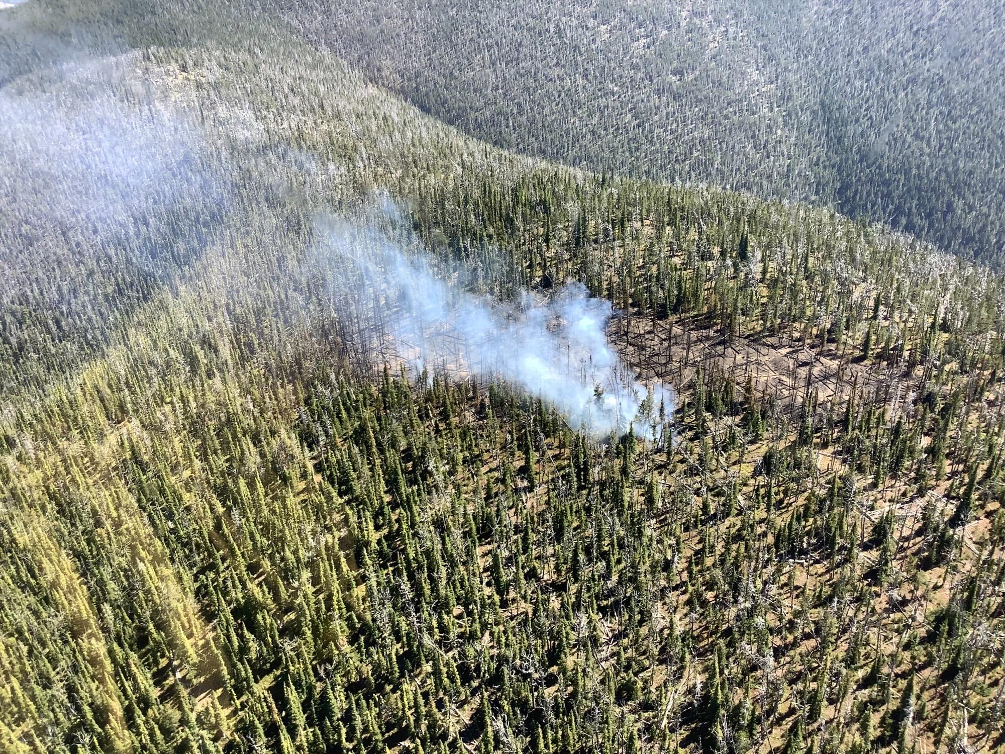 Marsh Creek Fire on August 30 showing small white smoke amongst continuous fuels