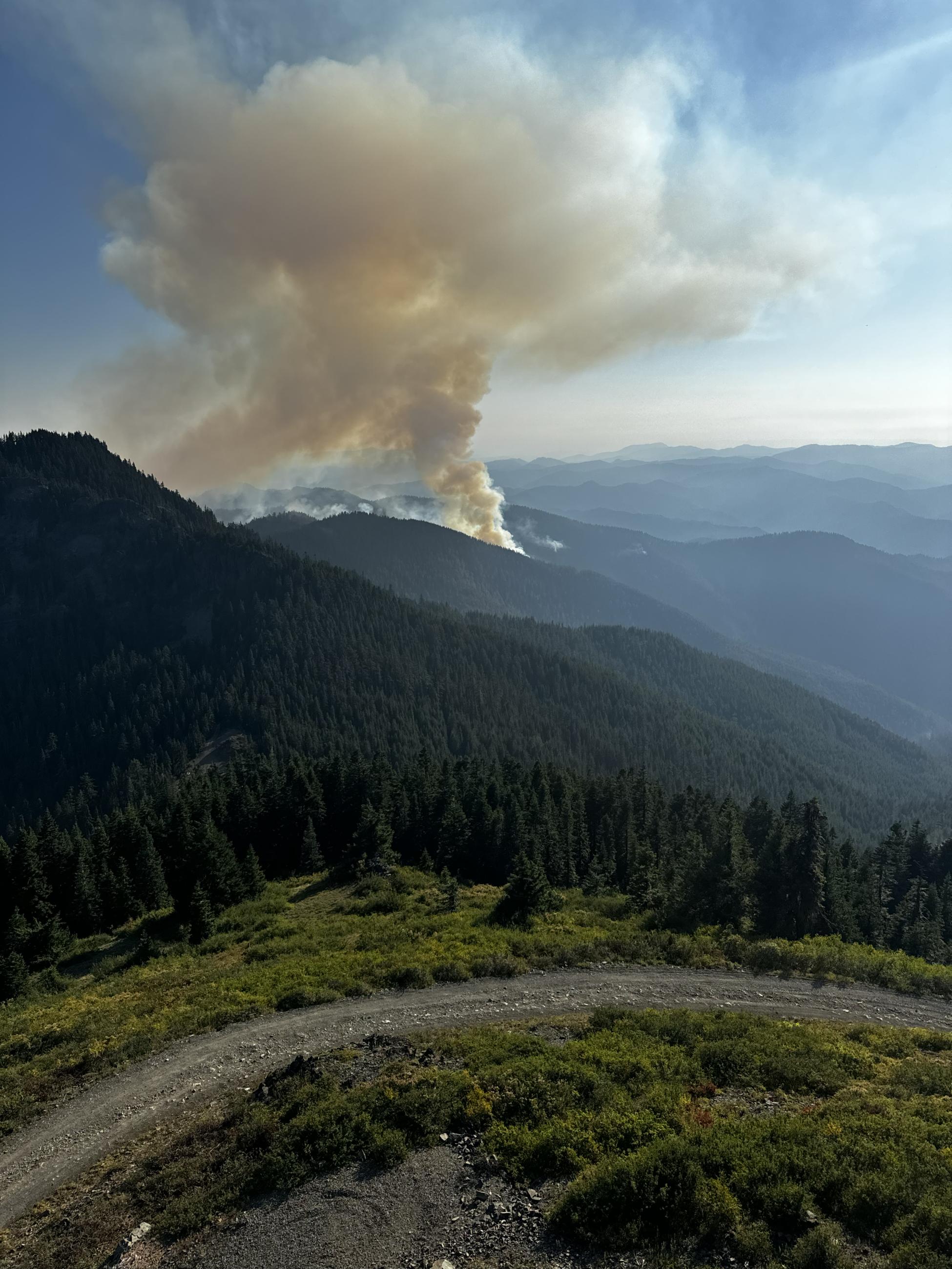 This photograph shows smoke rising from a wildland fire among forested hills.