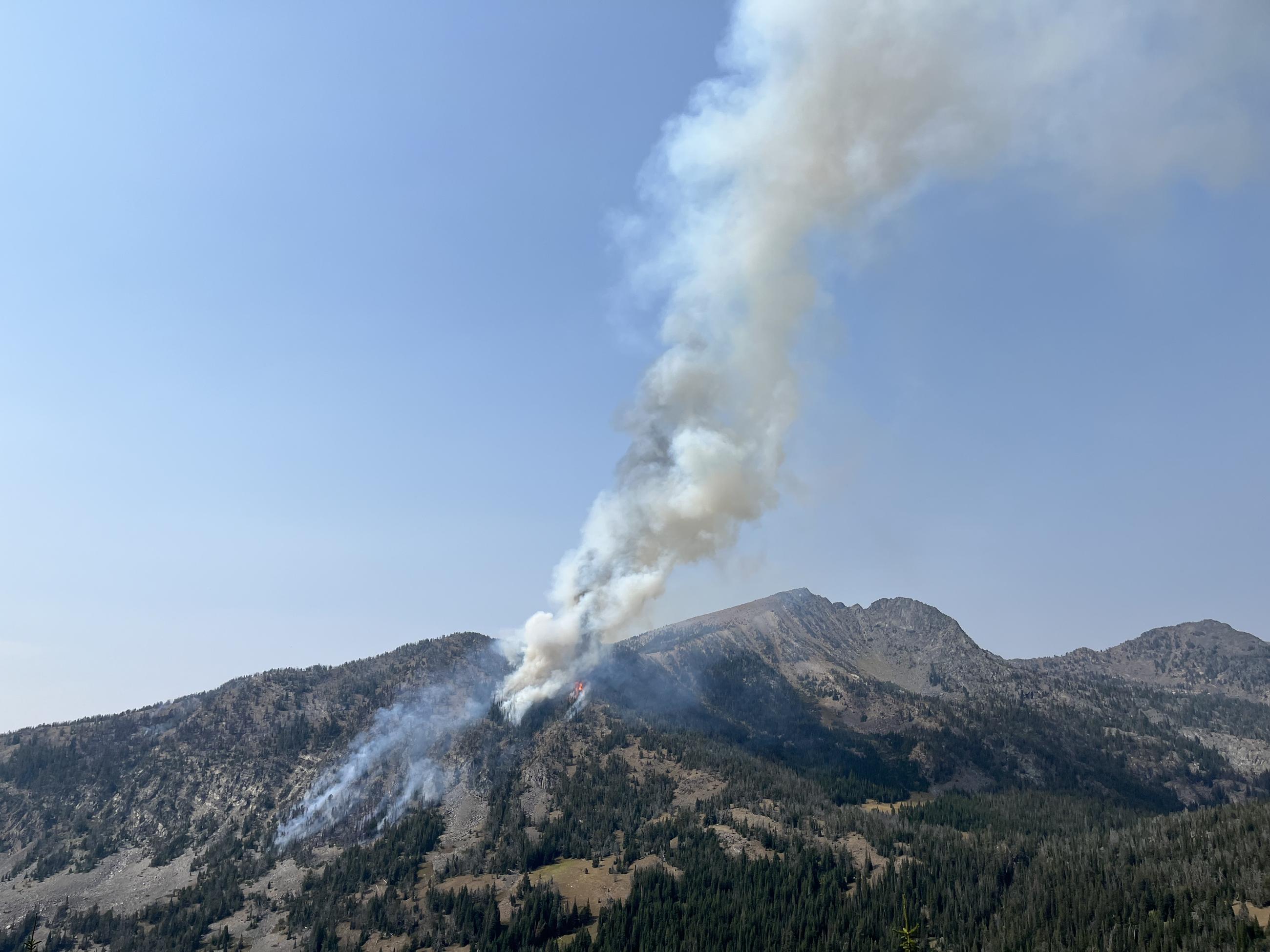 Landscape photo of the Pedro Mine fire burning in on a mountain side. The fire is putting up a column of grey smoke. The fire is located at the upper portion of the mountain and is in timber and rocks. Blue skies are in the background.