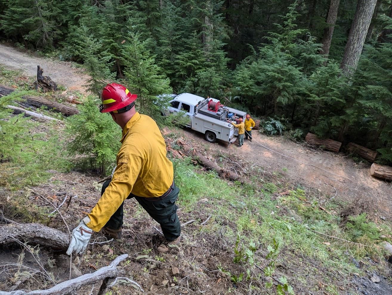 Firefighter is climbing up a steep hill at the Moss Mountain Fire. He is grabbing onto a downed log for support.