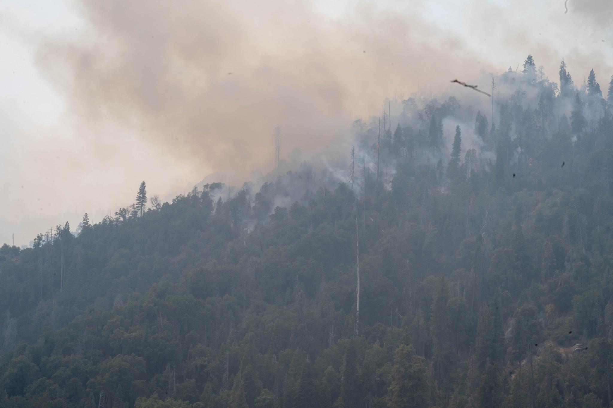Smoke and a forested ridge line