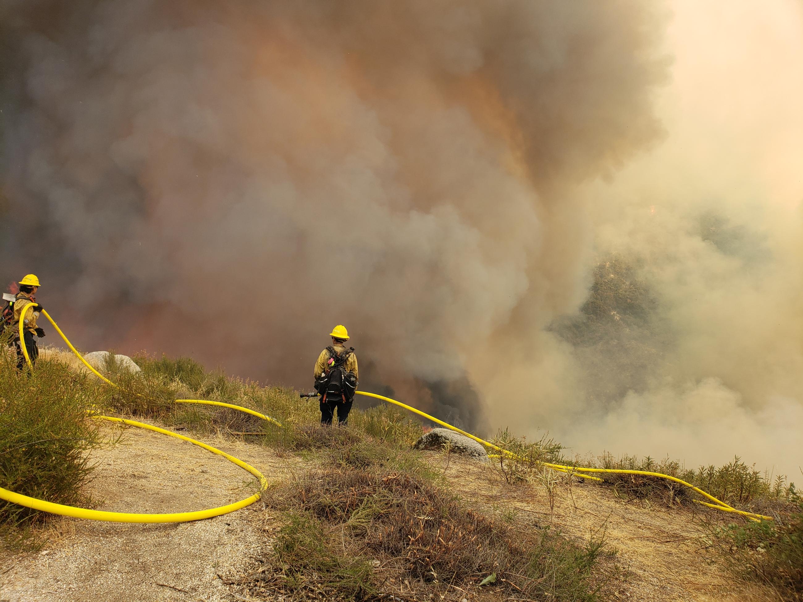 Two firefighters and a hose in front of thick smoke. 