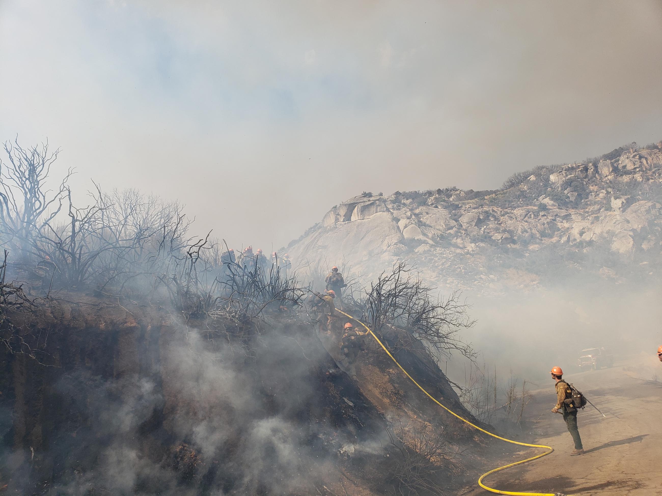 Smoke and firefightes along a road