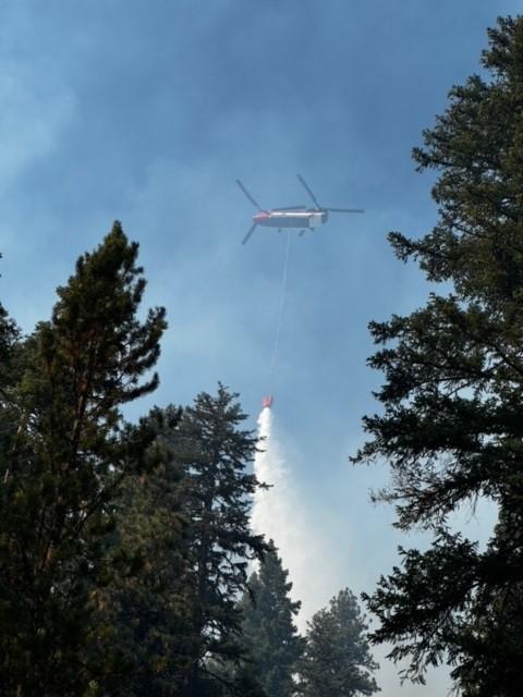 Helicopter flying above the treetops in the air dropping water from a bucket underneath it