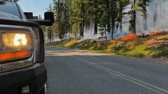 Part of a wildland engine in the photo with a road and ground fire in the forest in the background