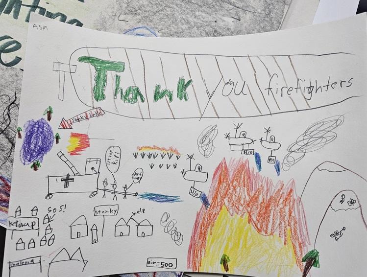 colorful drawing shared by child for firefighters