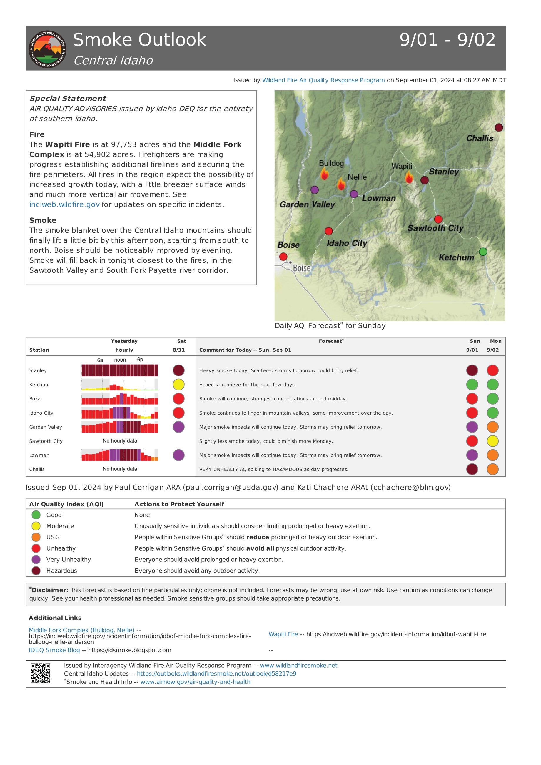 Smoke outlook for September 1, 2024 for the Middle Fork Complex Fire. 