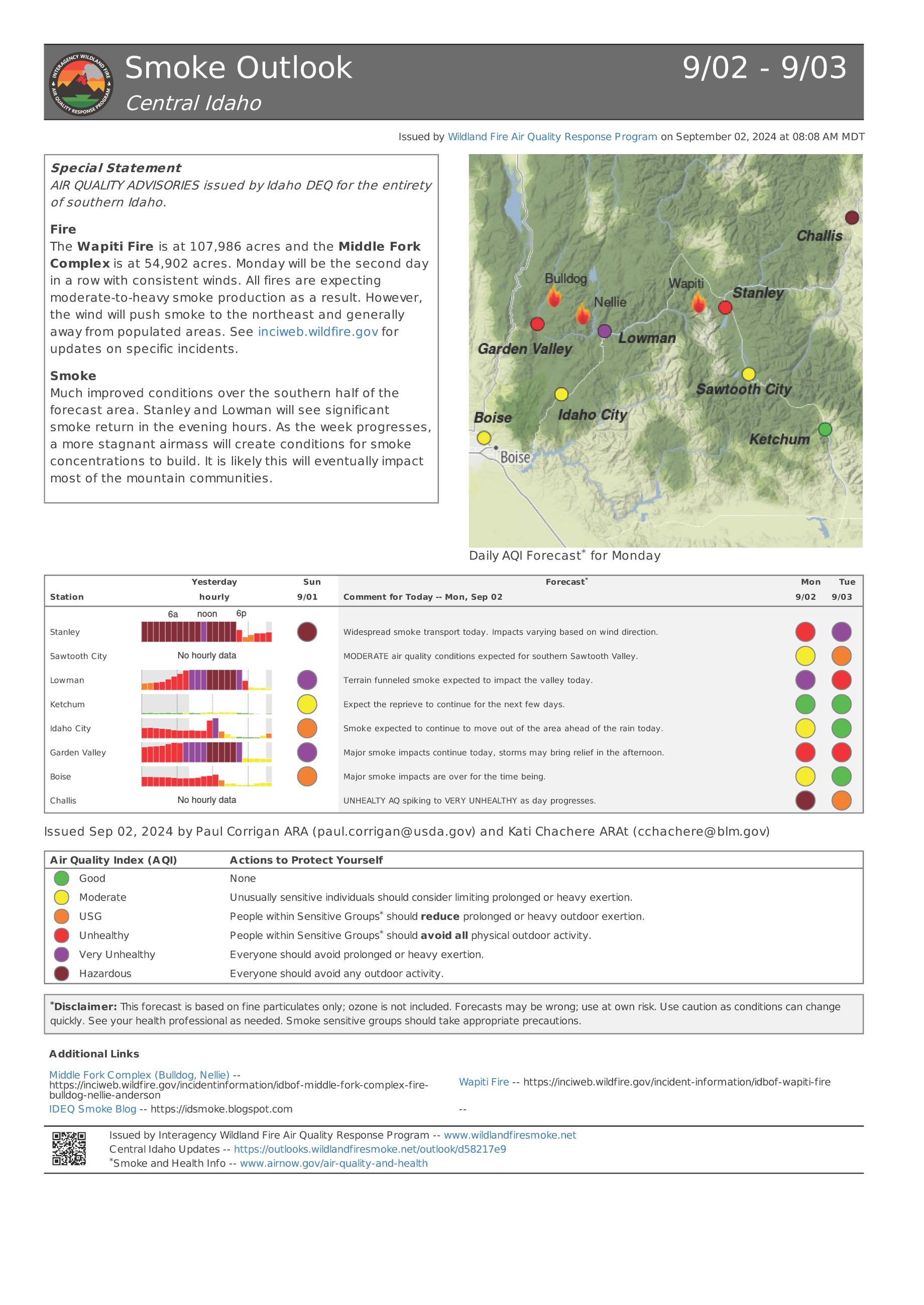 Smoke outlook for Monday, September 2 for the Middle Fork Complex Fire. 