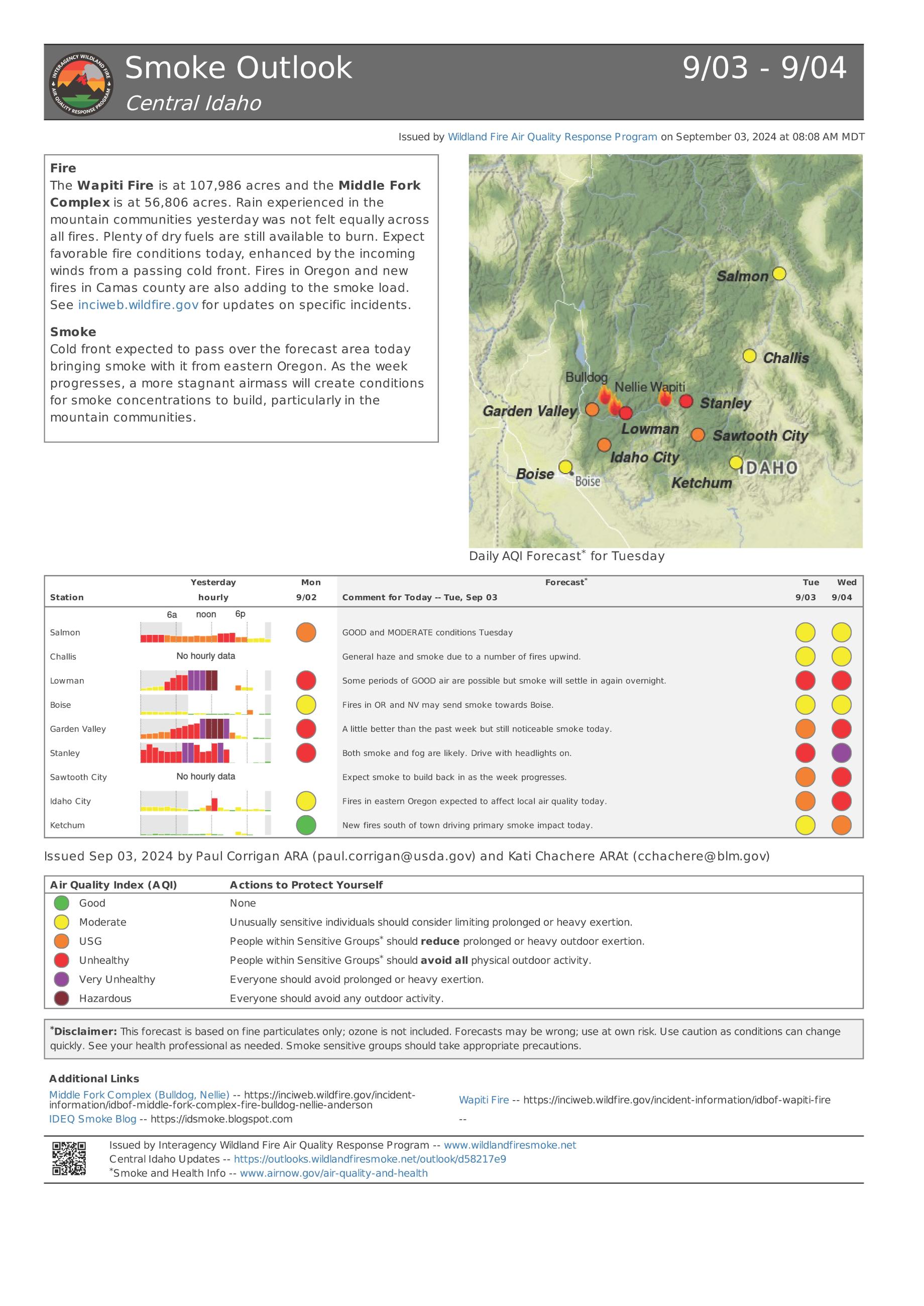 Smoke outlook for Tuesday, September 3 for the Middle Fork Complex Fire. 