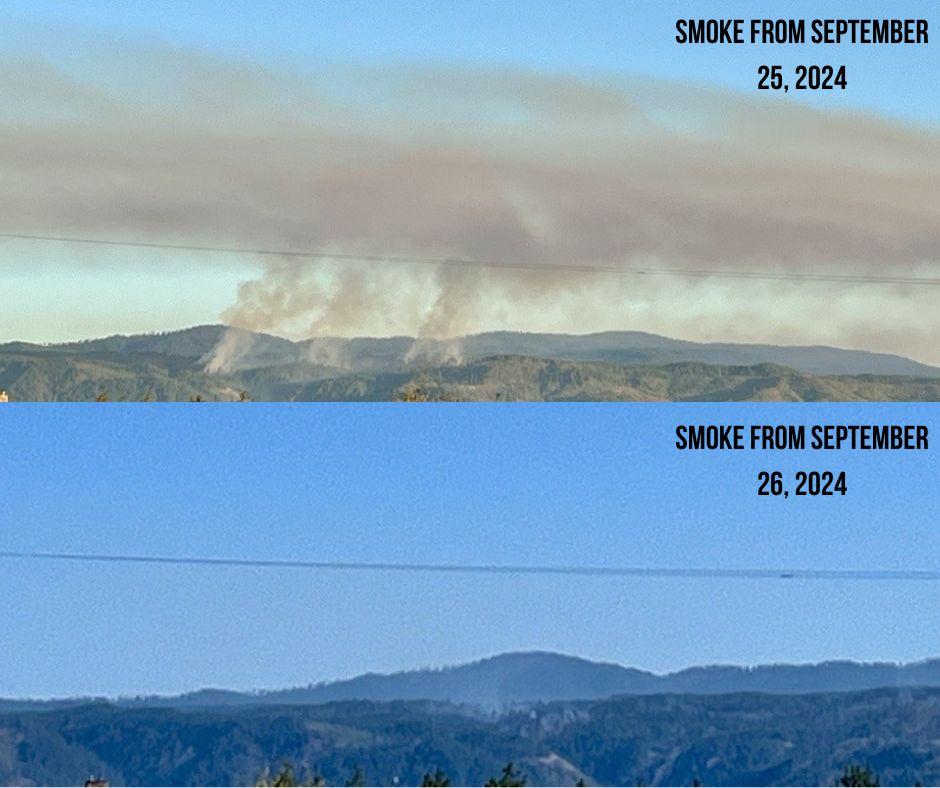 Two photos showing the smoke produced by the Tinker Bugs Timber Sale Project on September 25 and September 26. On September 25, a noticeable light grey plume was puffing out of the prescribed fire units, while on September 26, there is a barely noticeable white puff of smoke coming from the units.