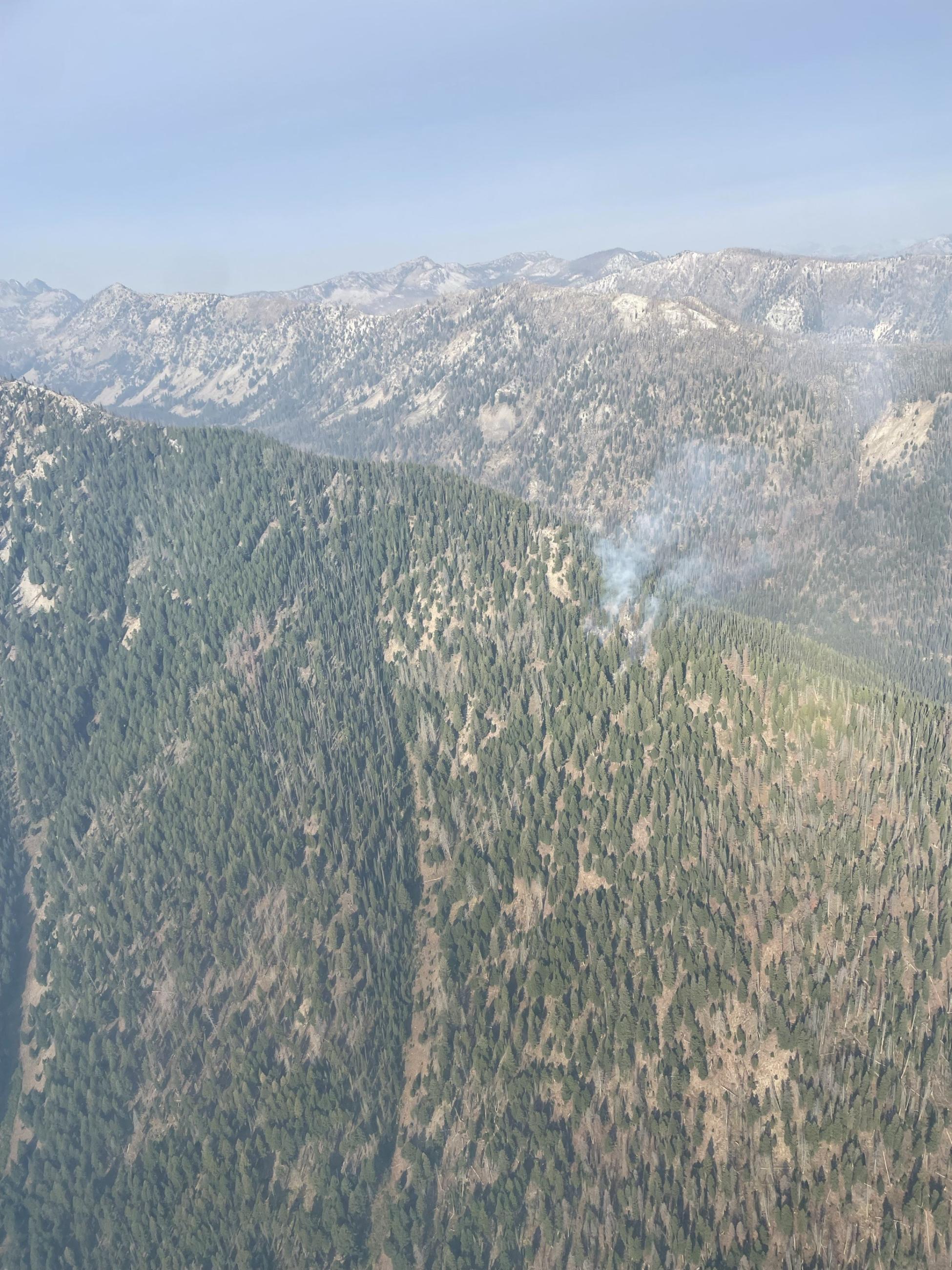 A small smoke plume as seen from the sky on a timber hill side