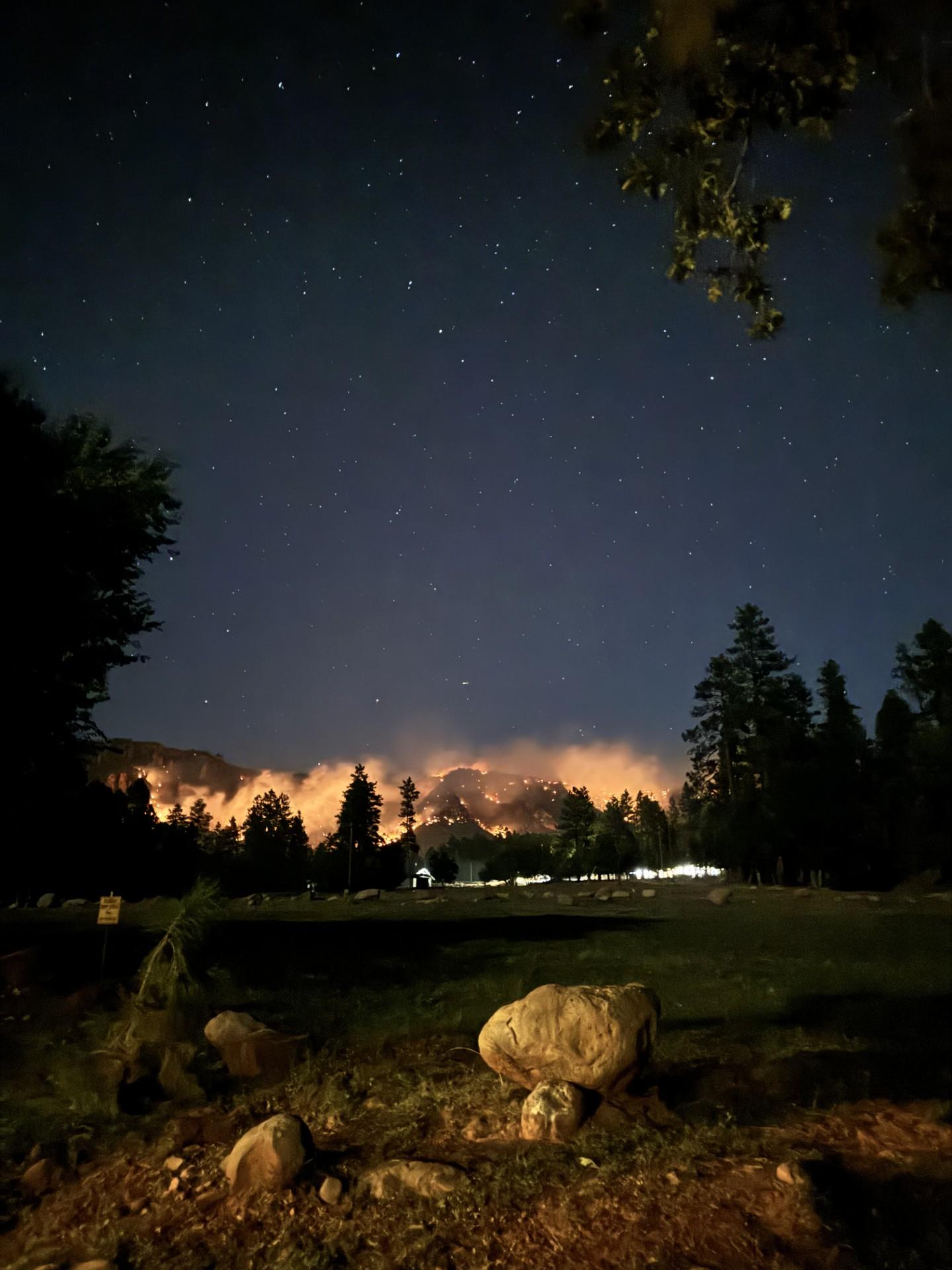 Night photo in a wooded area showing wildfire on a mountainside in the distance.