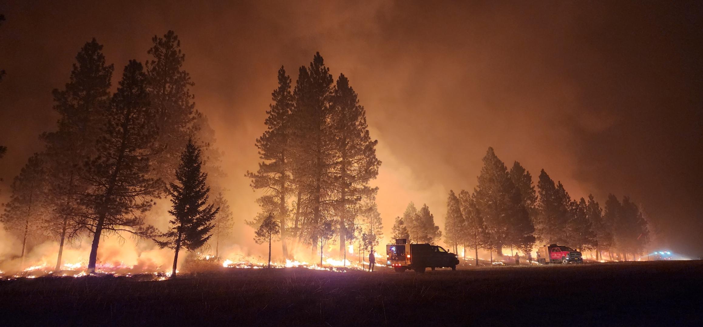 Fire burns through the forest at night as firefighters and engines patrol fireline, Aug 31