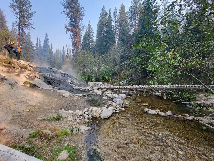 Image showing 01 BAER Hydros Tracy Weddle & Connor Gallagher Assess Trail Creek Hot Springs in Snag Burn Area