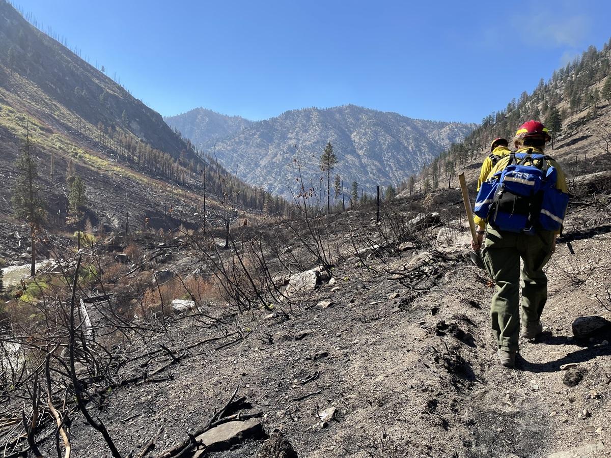 Two hikers on burned trail