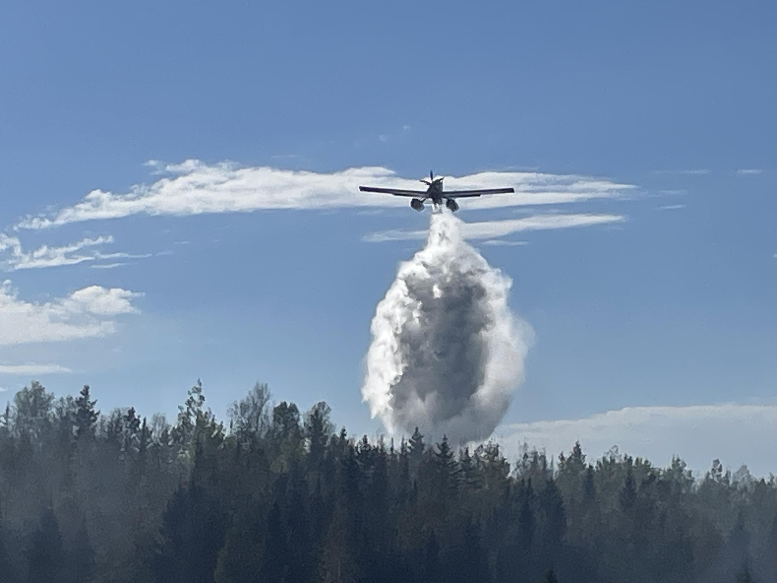 An airplane drops water in a water cloud over the forest. 