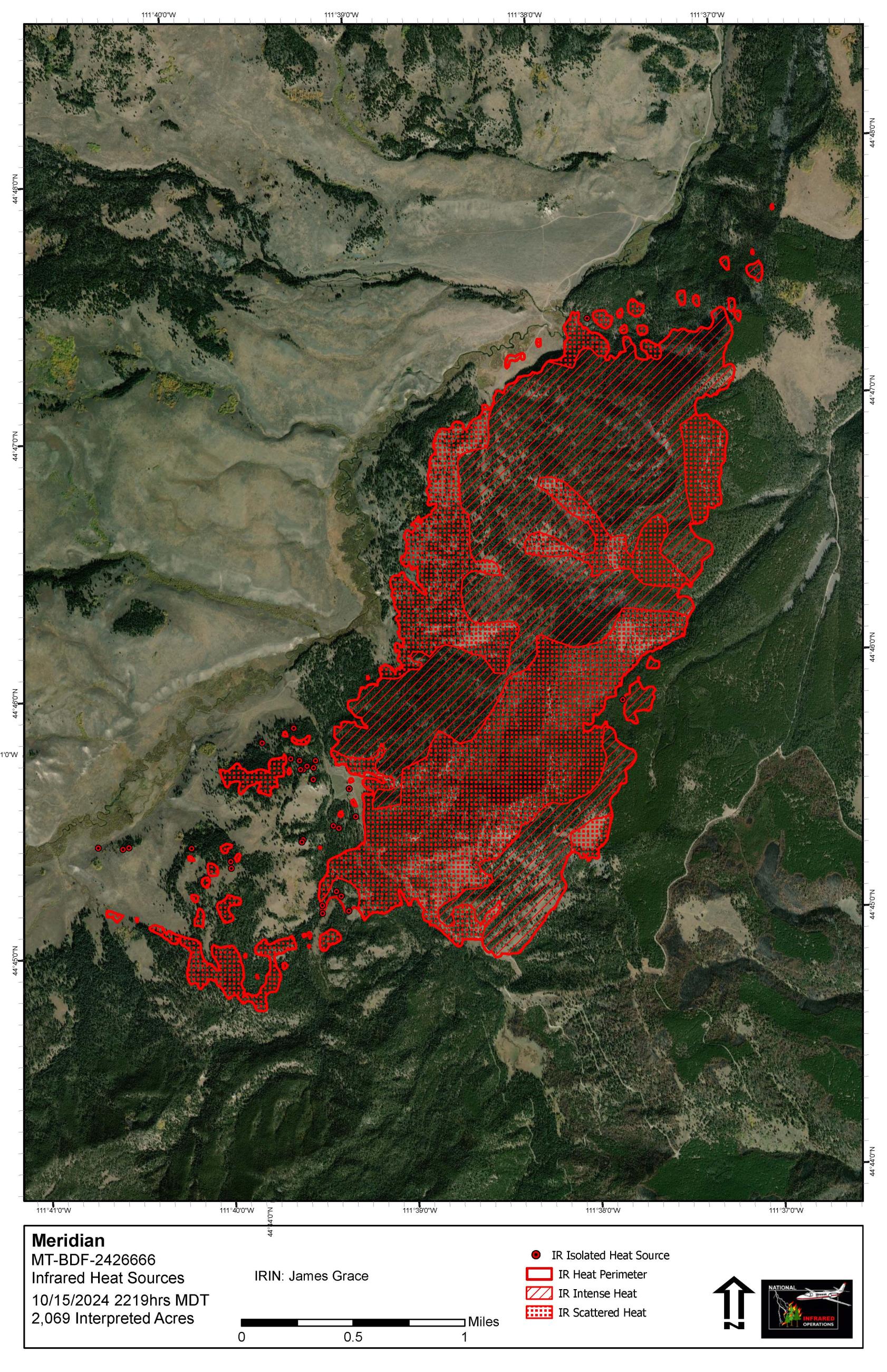 Infrared flight that occurred overnight captures residual heat of the Meridian fire. 