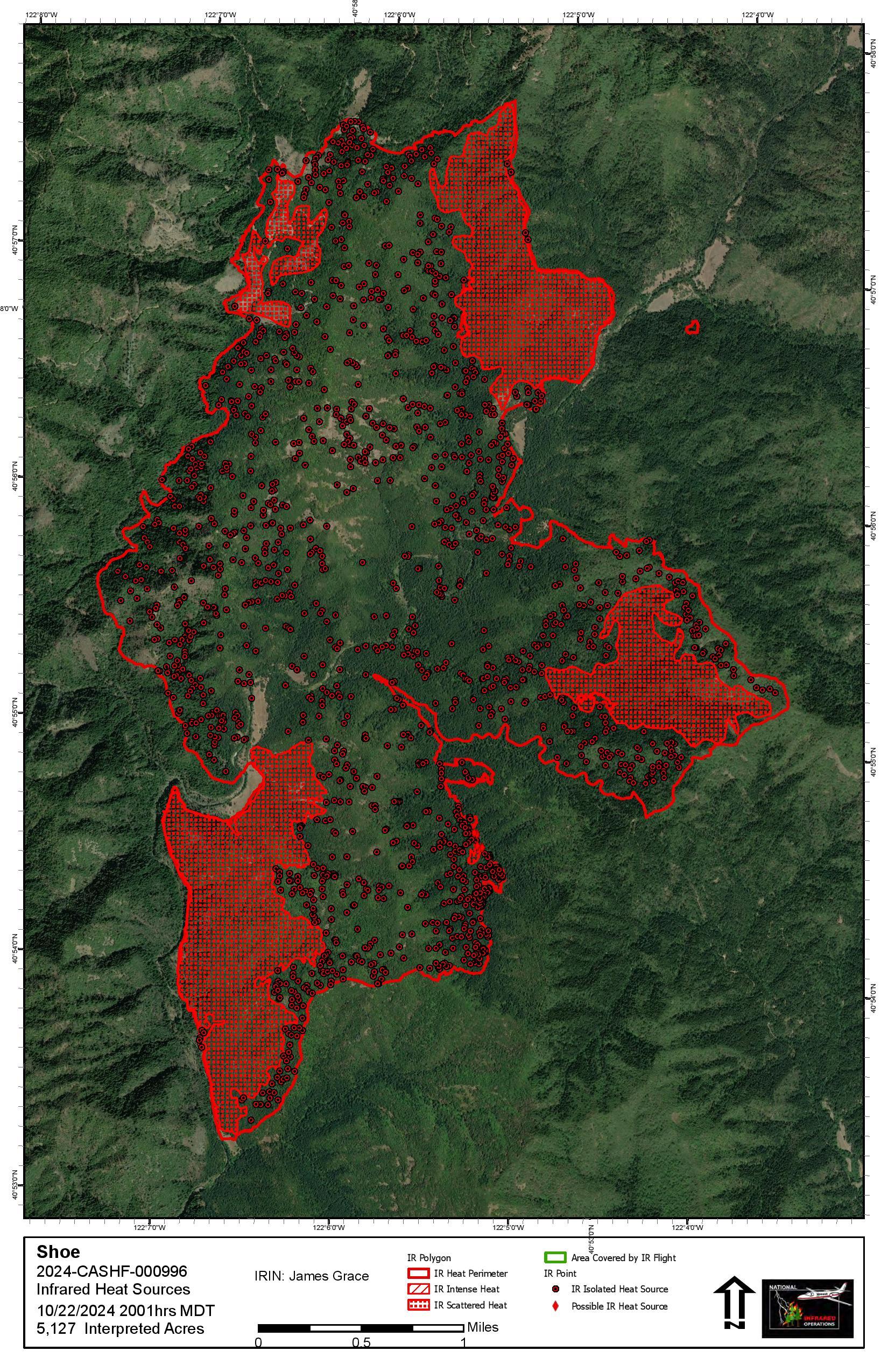 Map showing the fire perimeter and heat intensity on the Shoe Fire, October 23, 2024.