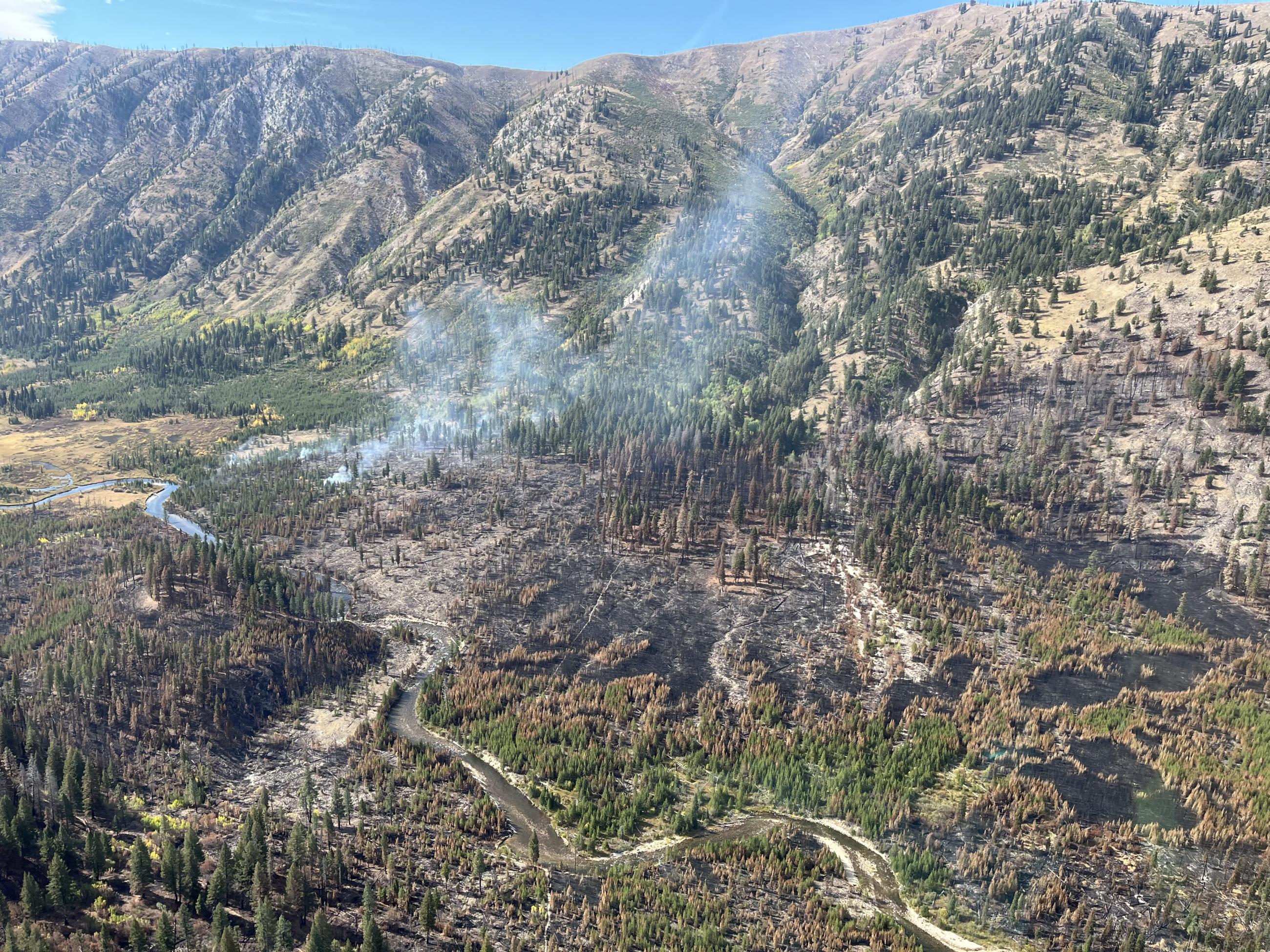 aerial view showing an area with burned trees and smoke