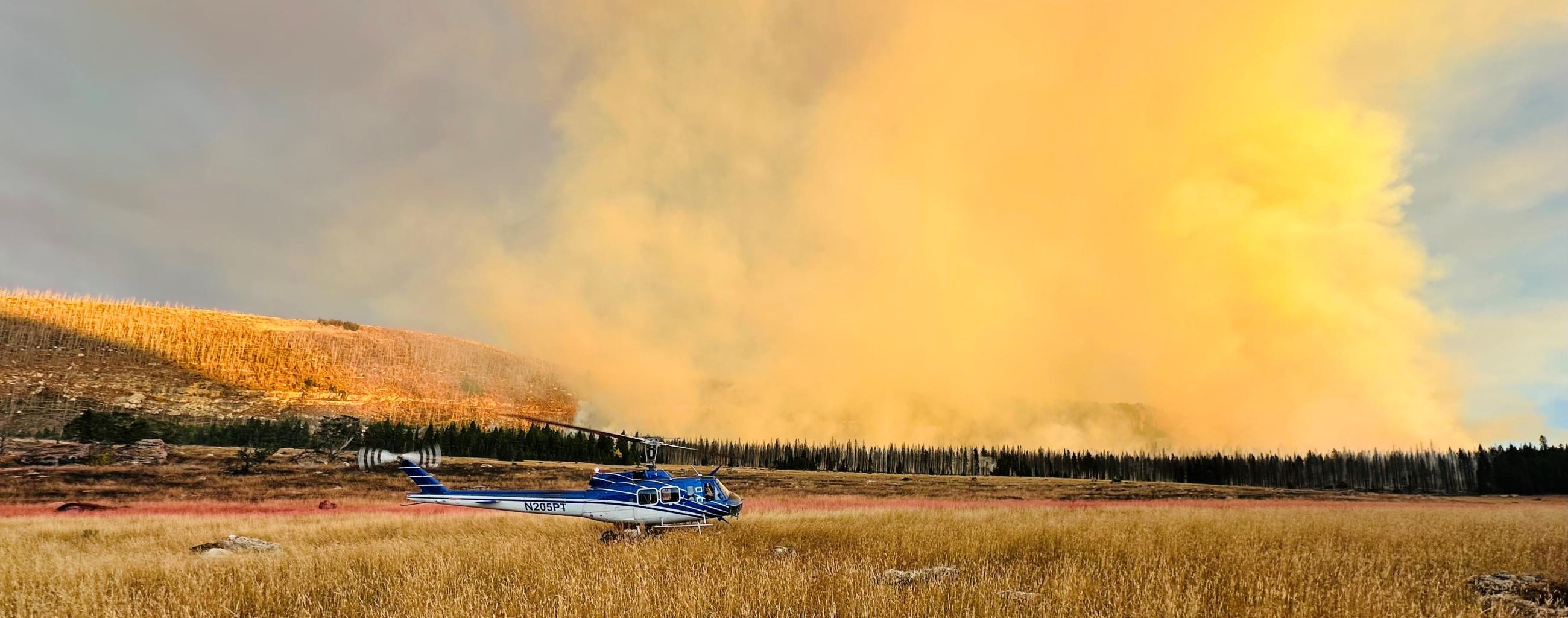 Blue and white helicopter grounded in a field of golden grass in the foreground. Black, burnt timber with a smoke column in front of a rolling hill in the background. 