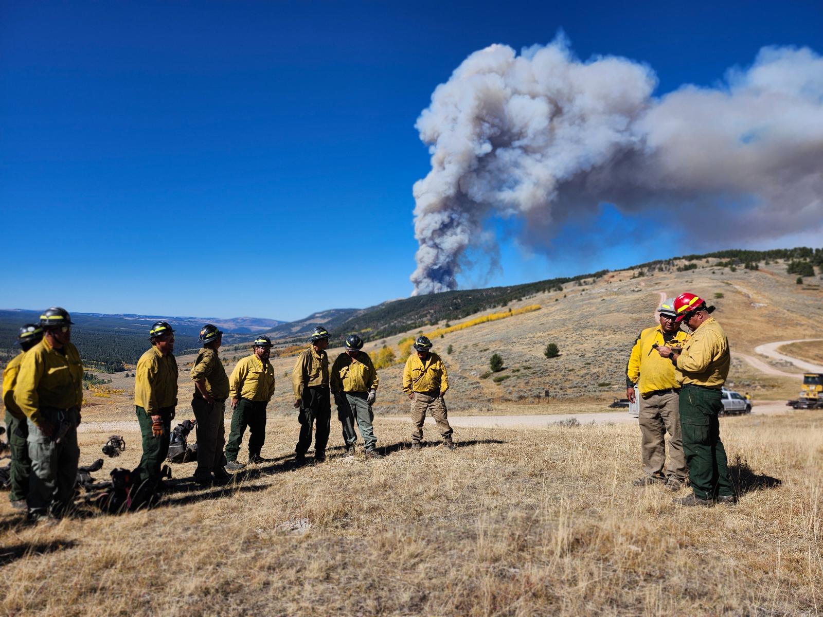 Group of ten firefighters standing in the foreground in a field of golden grass, wearing green fire pants and yellow shirts. Elk Fire plume showing in the background coming up from burning timber in the distance. 