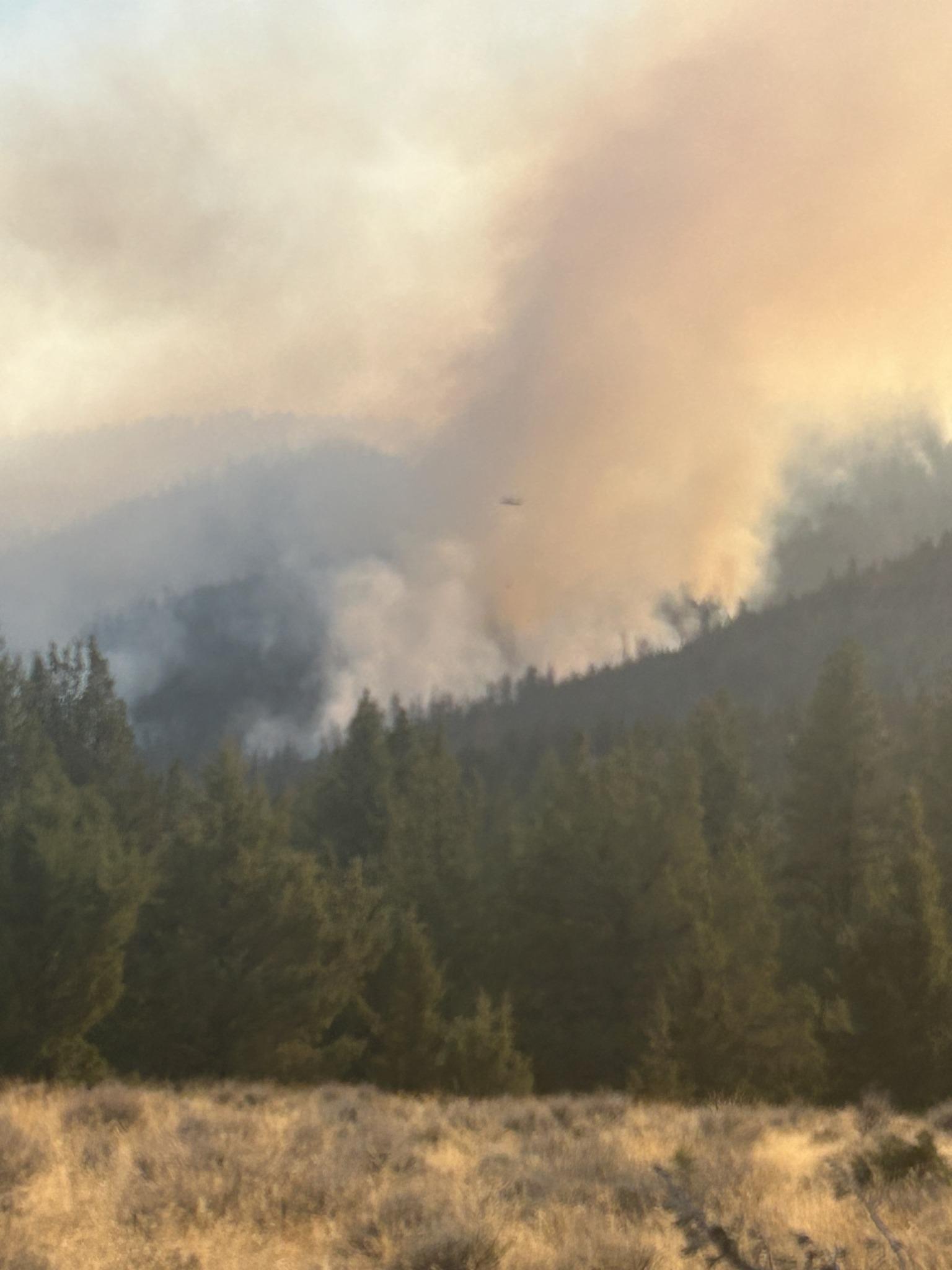 Helicopter providing water support on the Rail Ridge Fire with a large column in the background 