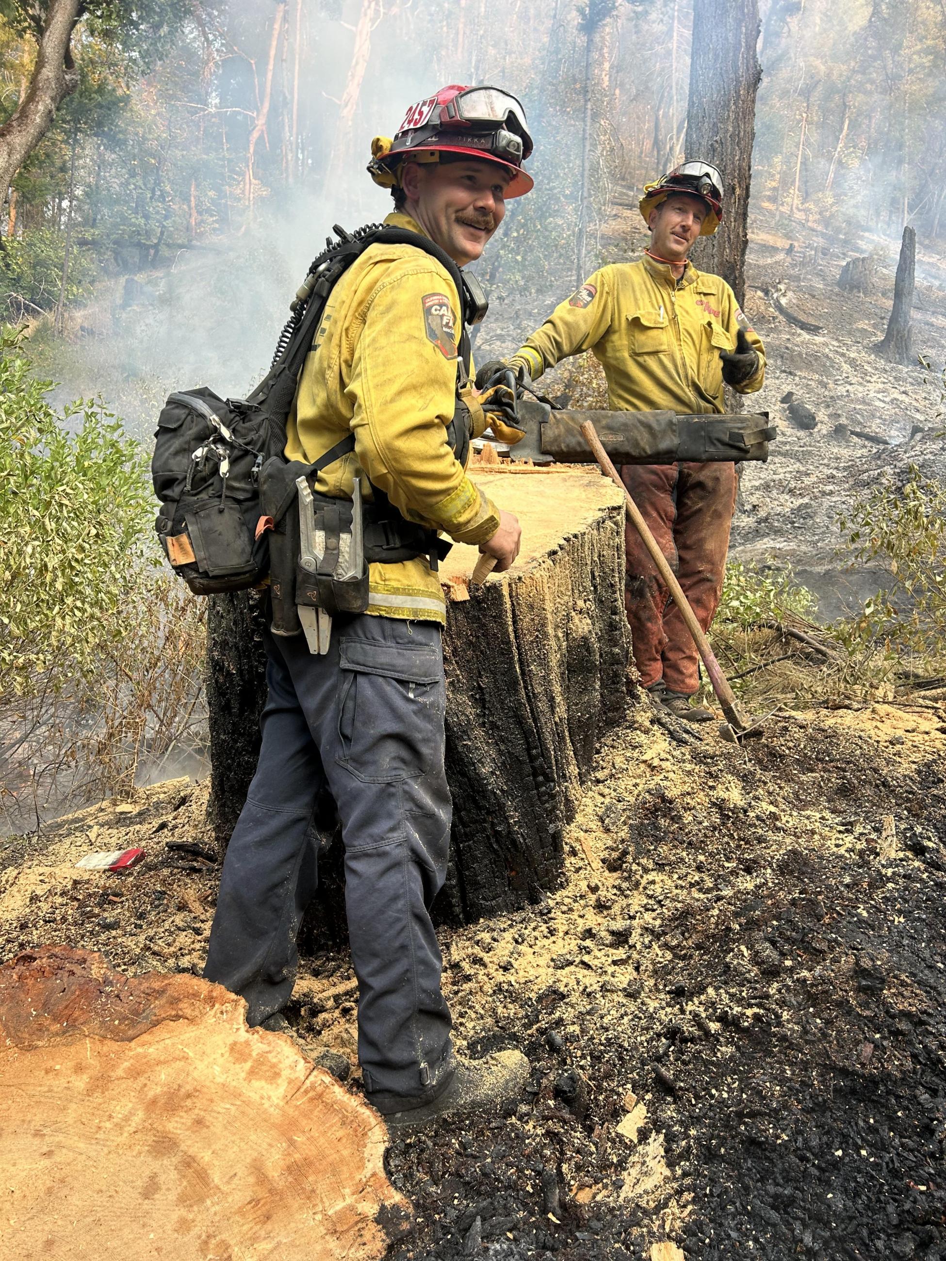 Fire Fighter post next to a large stump on the Shoe Fire.