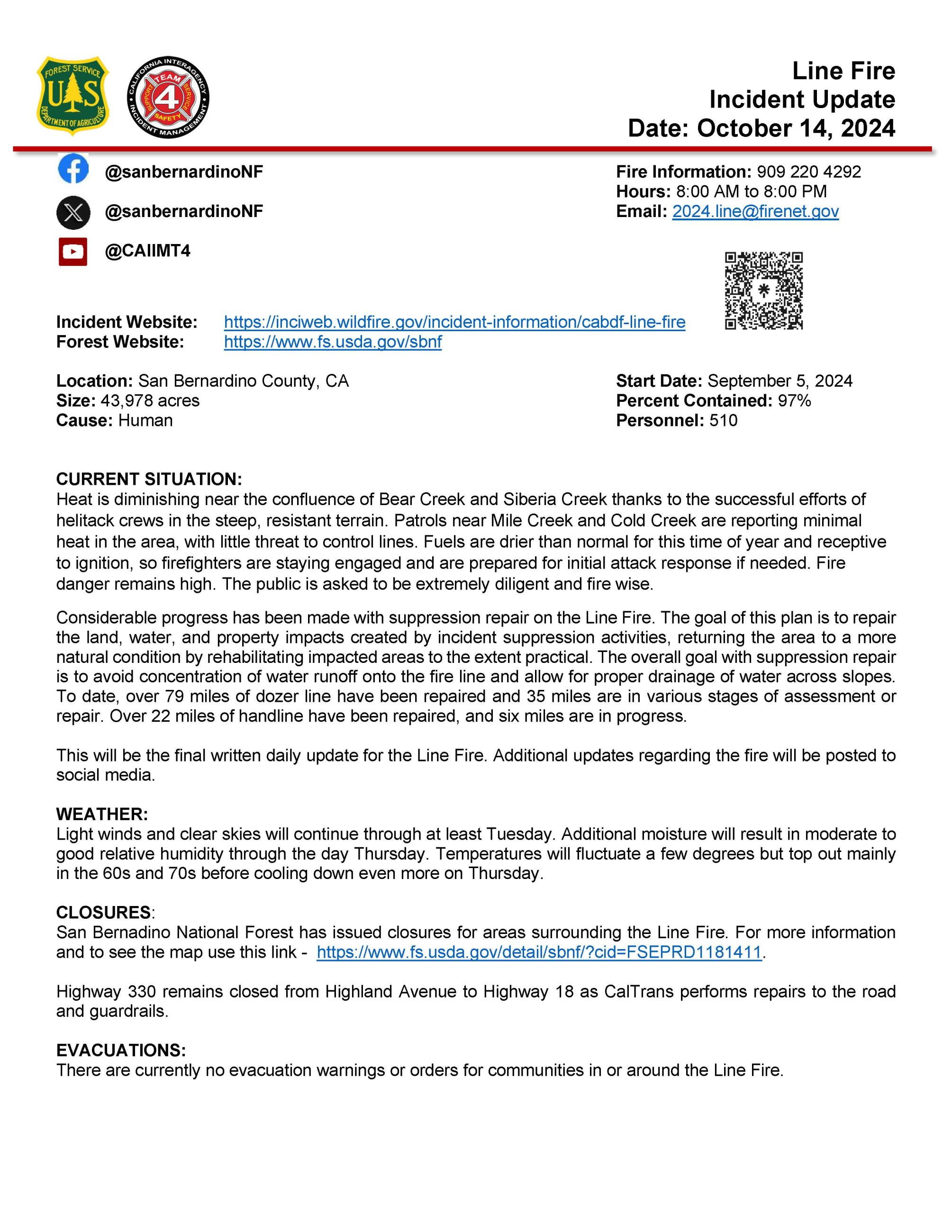 Line Fire Daily Update for October 14, 2024.