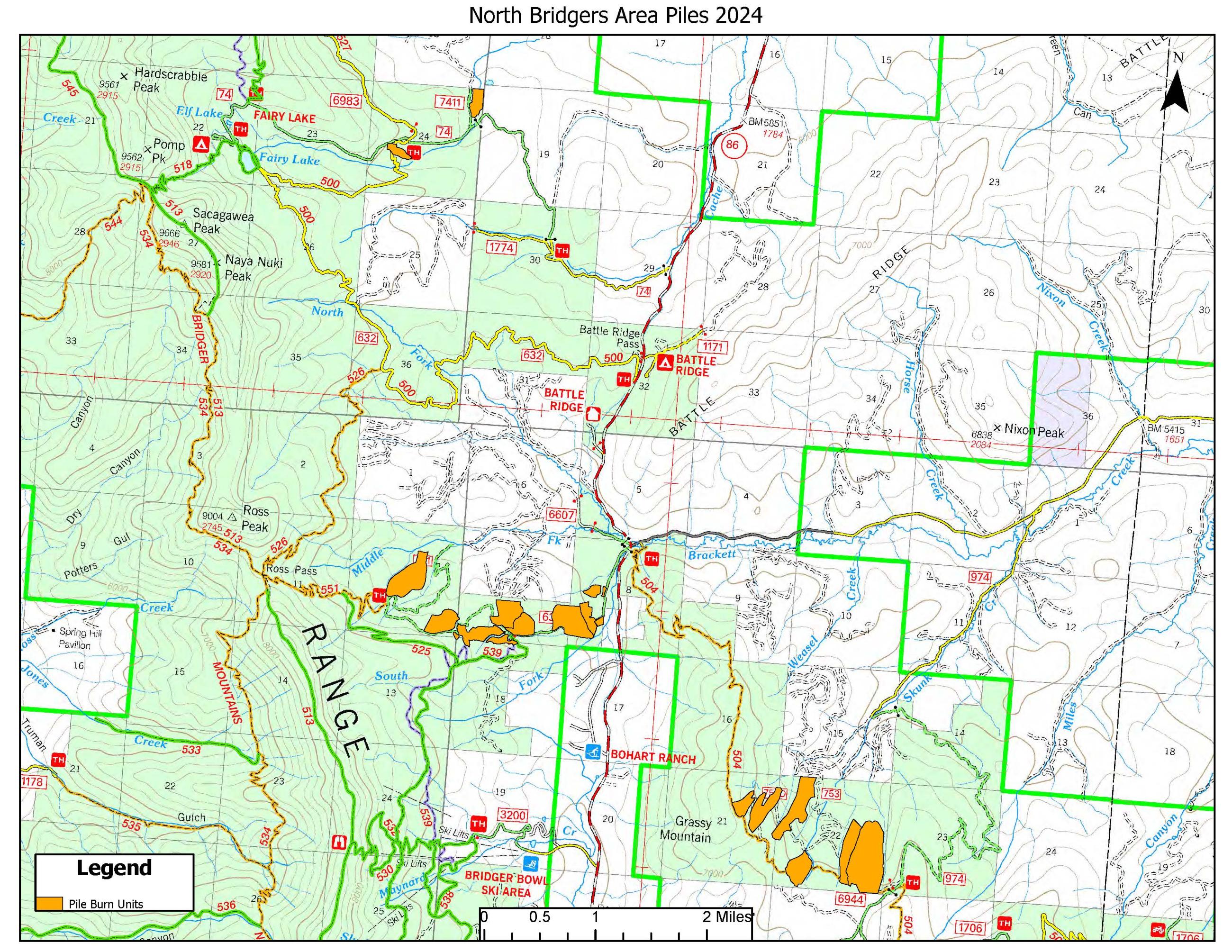 A map of the North Bridgers Area piles. Polygons north of Bridger Bowl and South of Battle Ridge.