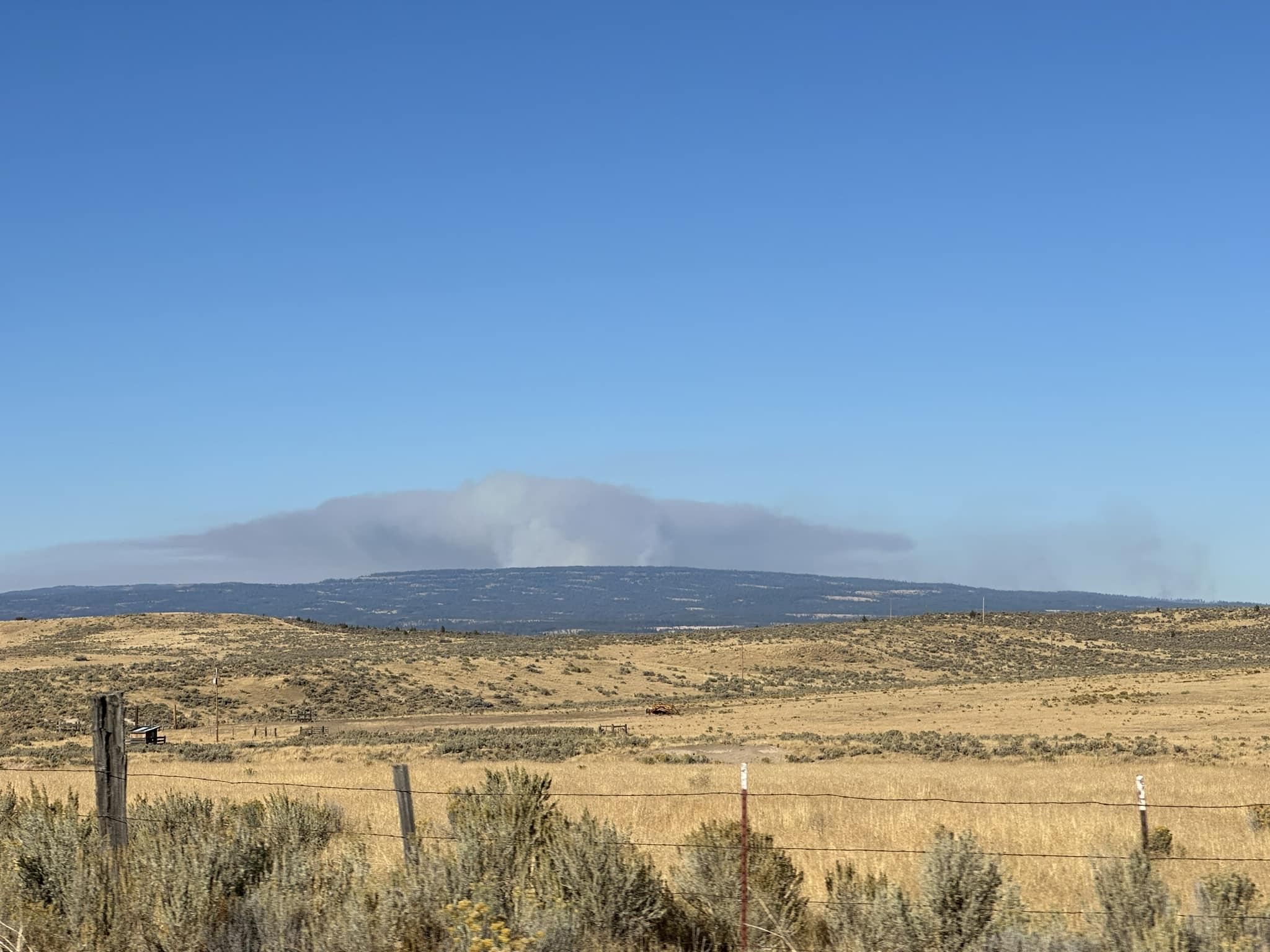 A grassy area with smoke in the distance