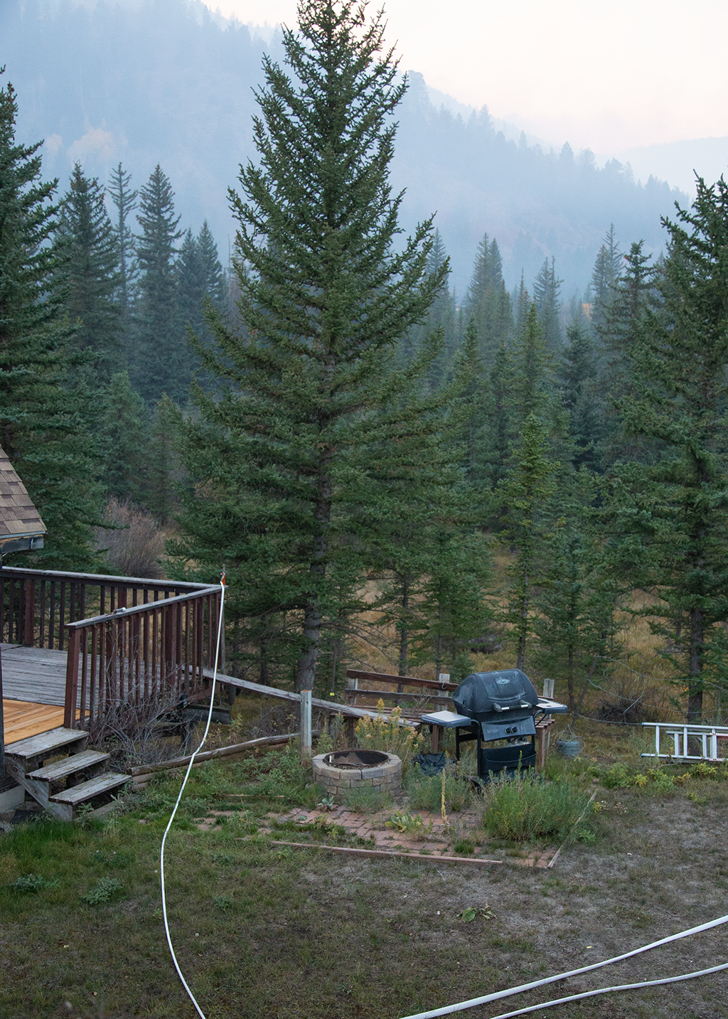 A backyard has sprinkler hose on the ground with a barbeque grill and firepit visible.