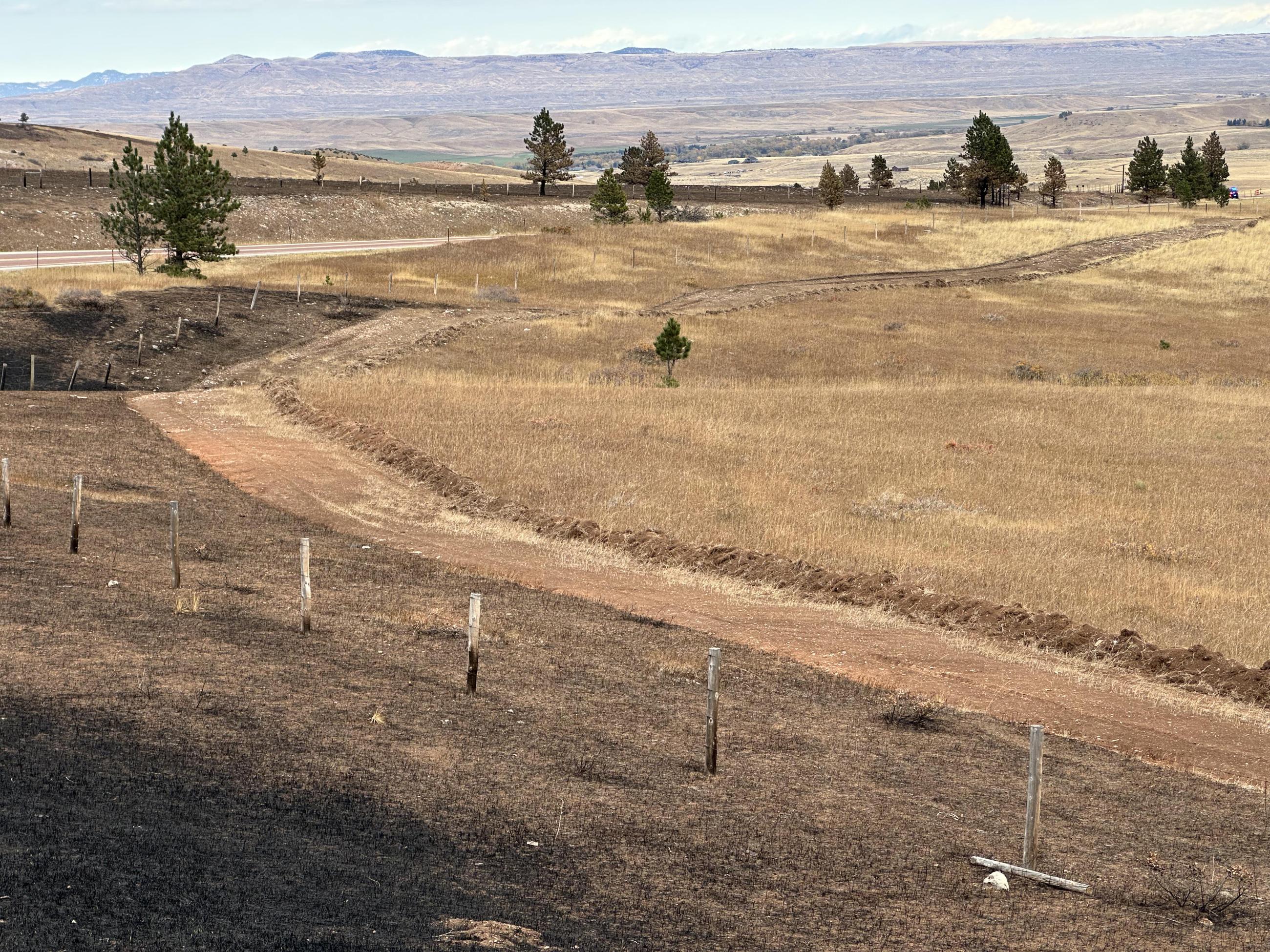 A bulldozed fireline created through dry grass