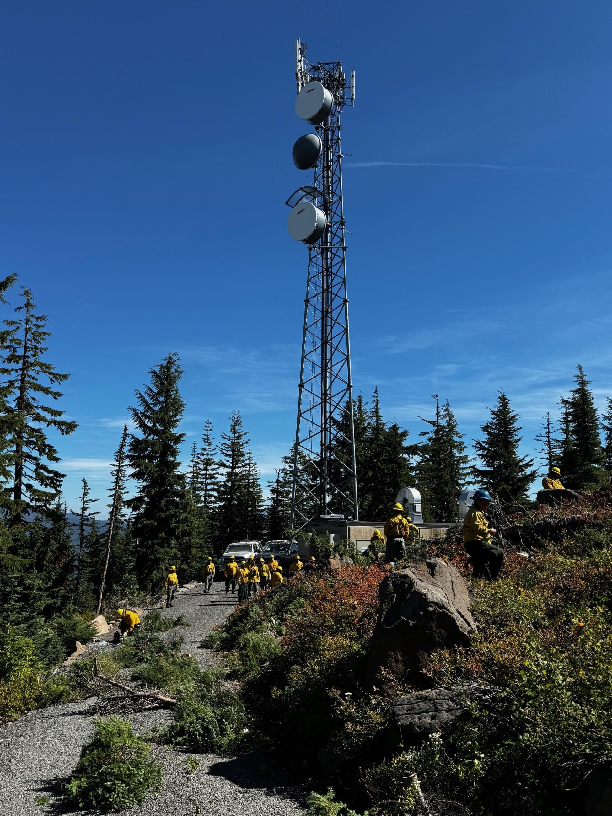 Fire crews working to clear vegetation around a communications tower at the top of a mountain