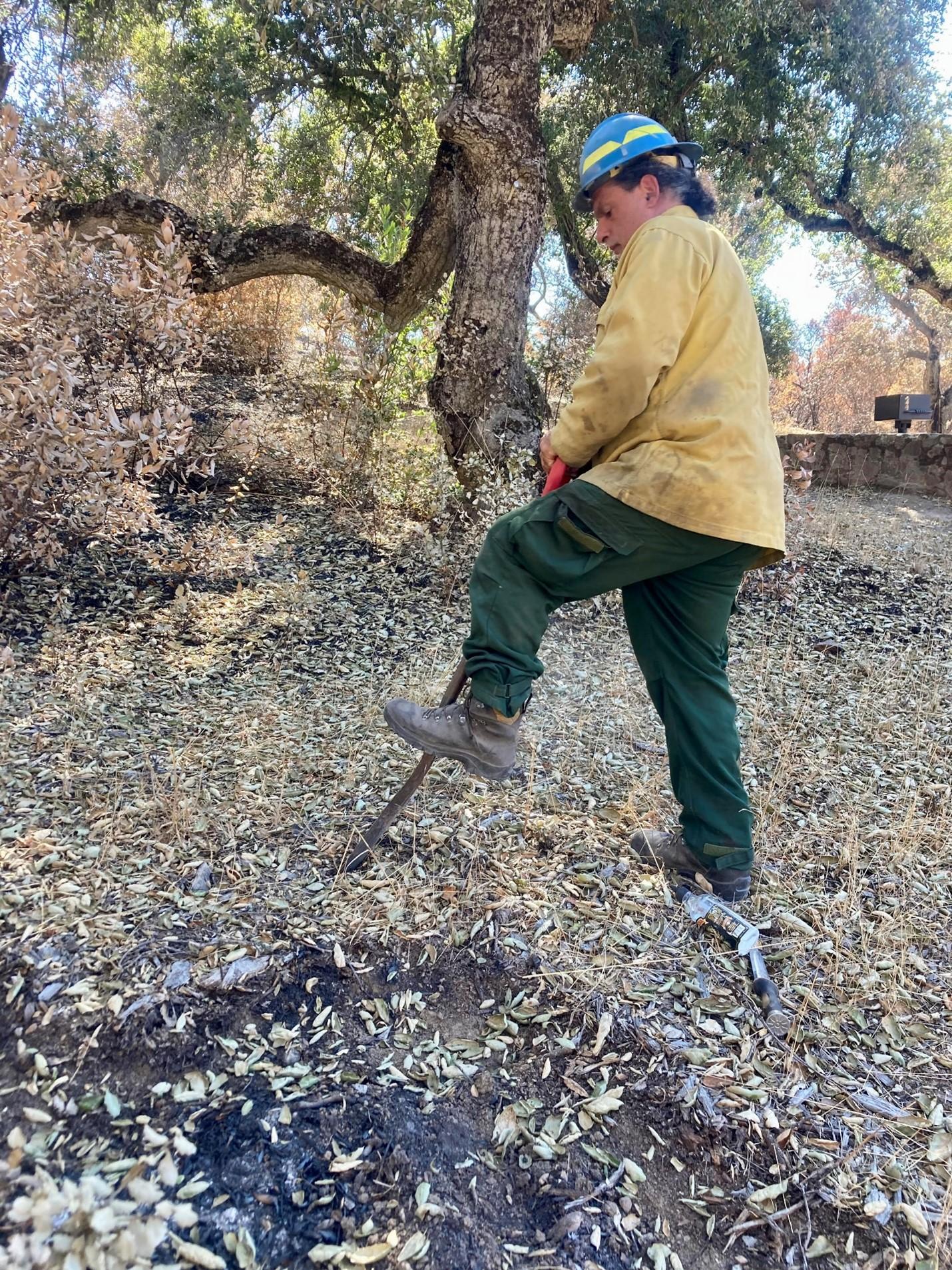 Image showing BAER Soil Scientist Eric Nicita digging a soil test hole in wildfire burned area