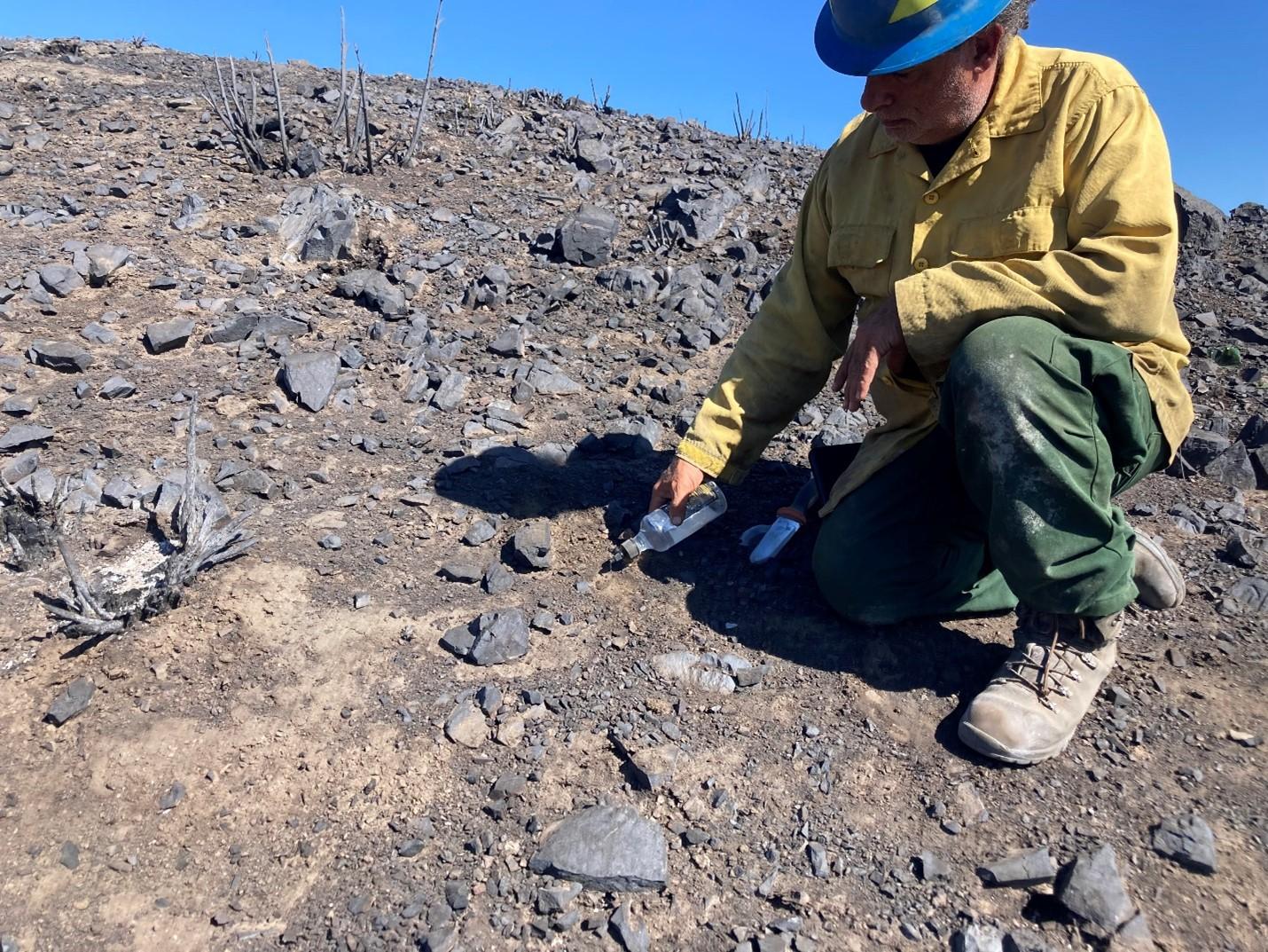 Image showing BAER Soil Scientist Eric Nicita pouring water onto burned soil to test for water repellency