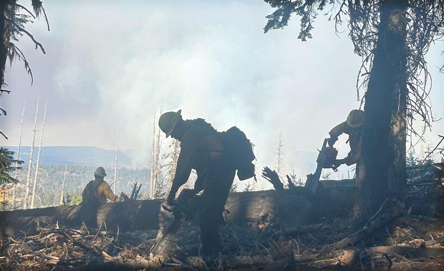 Three firefighters and shown removing dead fuels and working hotspots with smoke in the background